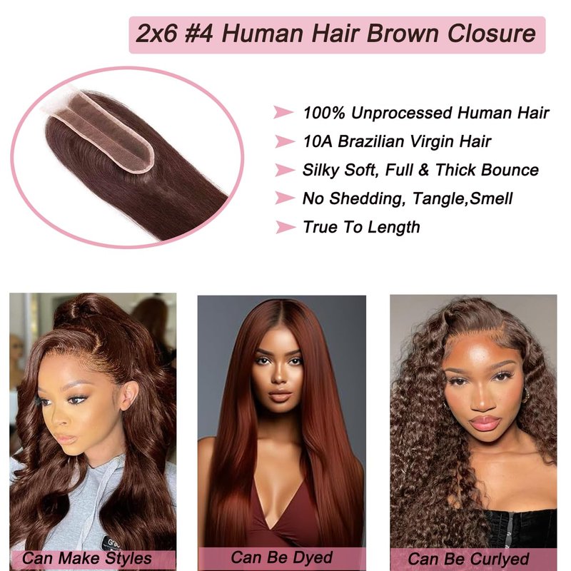 #4 Brown Human Hair Closure Transparent Lace 2x6 Brown Straight Wave Closure Pre Plucked Deep Part 100% Unprocessed Human Virgin Hair Wet And Wavy 14 Inch
