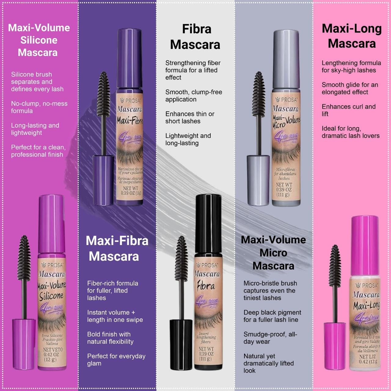 Prosa Mascara Professional Collection for Amplified Volume Complete Lash Length Deep Ebony Shade and Enduring All-Day Glamour Pack of 5