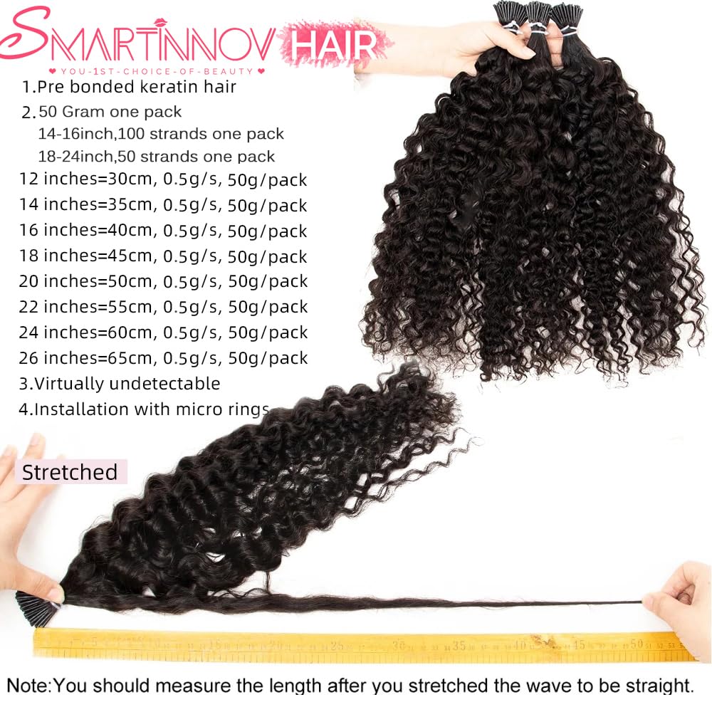 Kinky Curly I Tip Hair Extensions Human Hair Cold Fusion Stick I Tip Hair 18 Inch 100% Remy Hair ExtensionsCold Fusion Tipped Extensions for Women Curly Pre Bonded Microlinks Hair Extension 50G