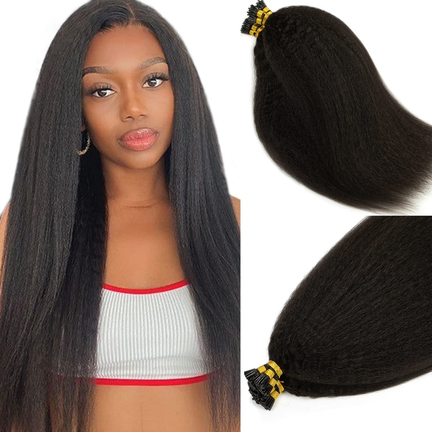 Caliee I Tip Hair Extensions Real Human Hair Kinky Straight 18 Inch Natural Hair Extensions I Tips Human Hair for Black Women Natural Black Color Thick End 50G 50s/pack
