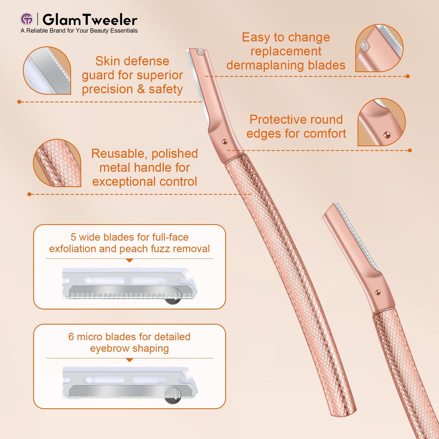 Women's Dermaplane Face & Eyebrow Razor Kit with GlamTweeler Slant Tweezers, Spoolie Brush, and Luxury Leather Storage & Travel Case + 10 Refill Blades (Rose Gold)