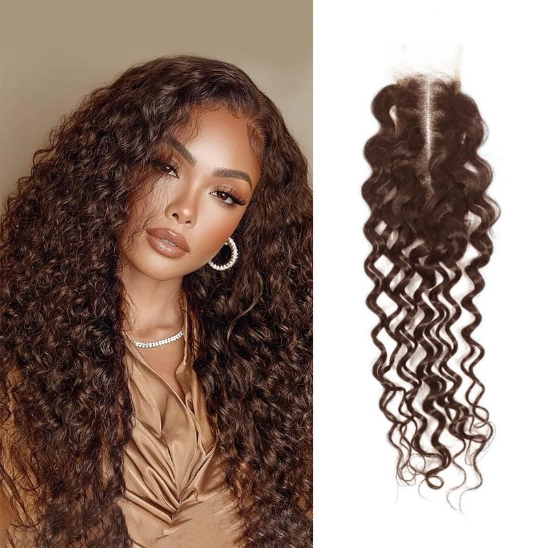 Brown Water Wave 2x6 Lace Closure Top Swiss Lace Water Wave 100% Unprocessed Remy Human Hair Deep Middle Part Curly Closure With Baby Hair Color 4 Chestnut Brown 14 Inch
