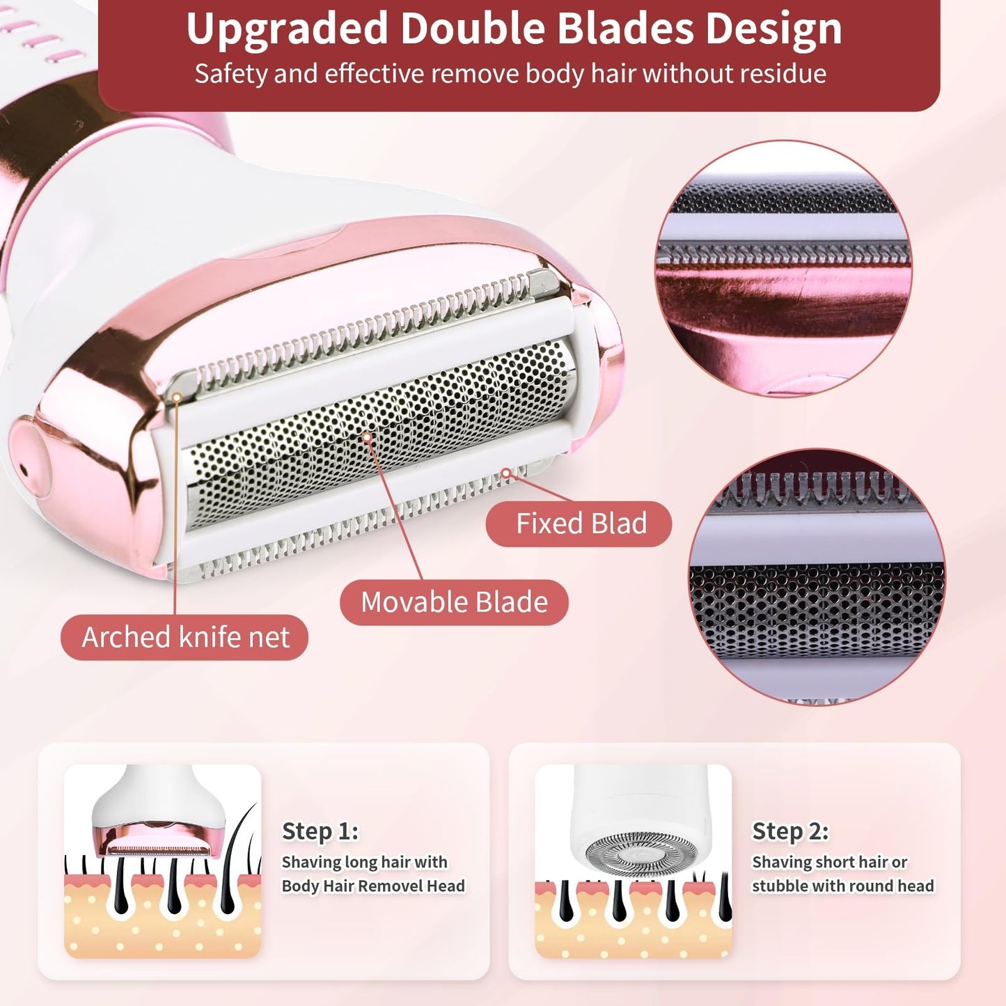 Electric Shaver Razors for Women - 5 in 1 Bikini Trimmer for Women Body Hair Trimmer Facial Hair Removal Cordless Rechargeable Body Shaver for Face Chin Arms Underarm Legs Arms Eyebrow (Pink)
