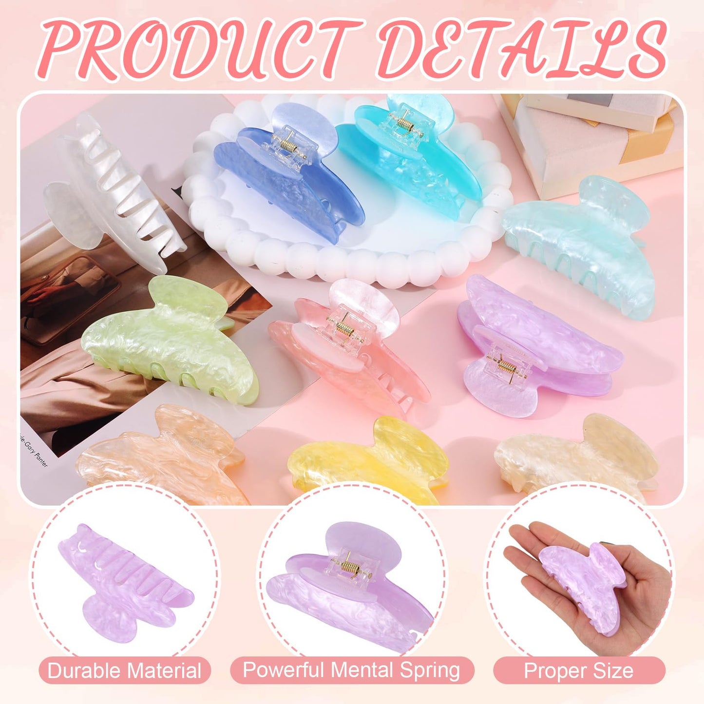 10 PCS Acrylic Hair Claw Clips Cute Non-slip Large Claw Clamps Bulk French Shimmering Stylish Barrettes Big Strong Hold No Slip Hair Clips for Women Girls Thick or Thin Hair Home Out Headpiece