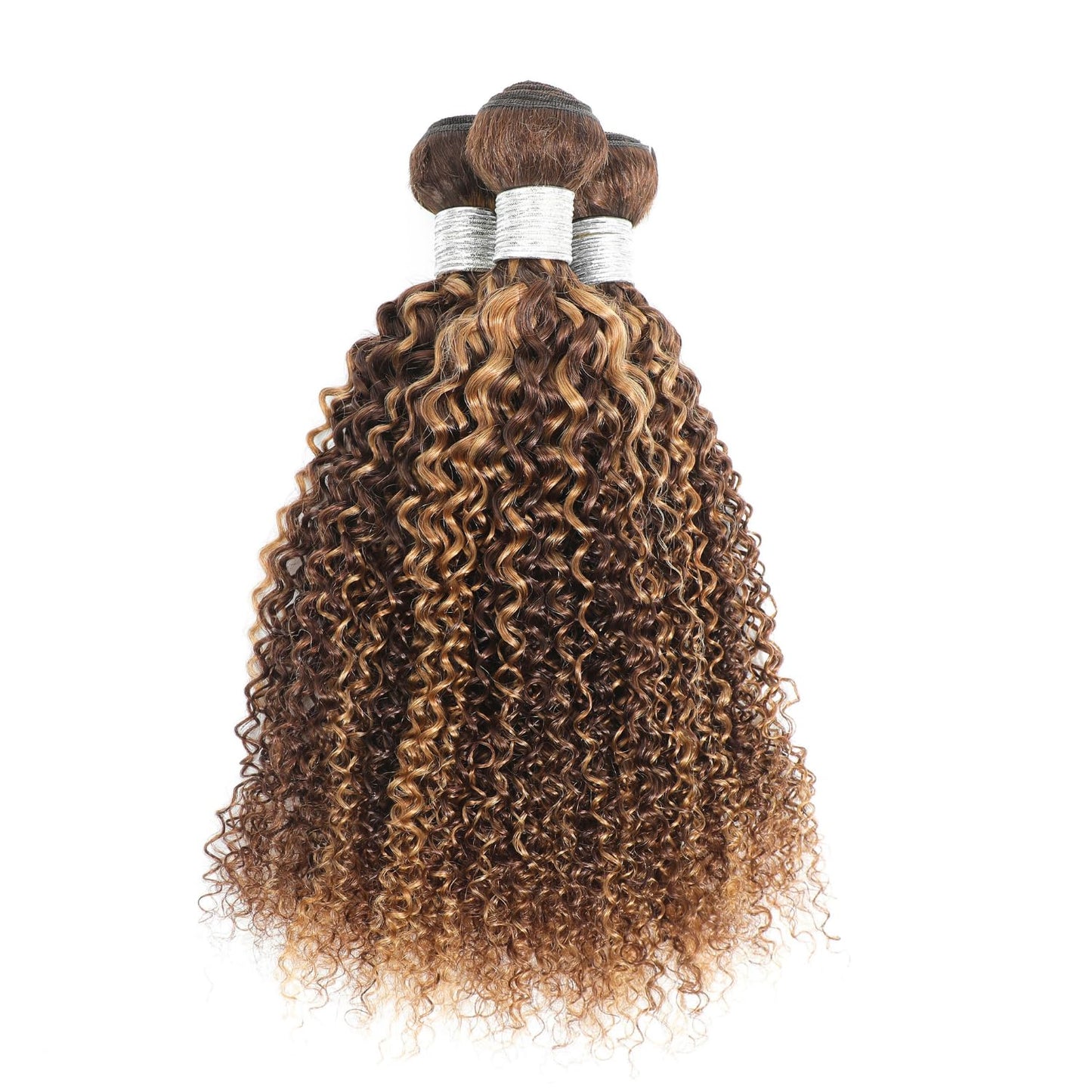AUROO Honey Blonde Highlight Tight Kinky Curly Human Hair Single Bundles, 12A Brazilian Curly Weave Bundles Human Hair 100% Virgin Remy Bundle Ombre #P4/27 Colored Kinky Curly Thick Tracks Sew in 14In