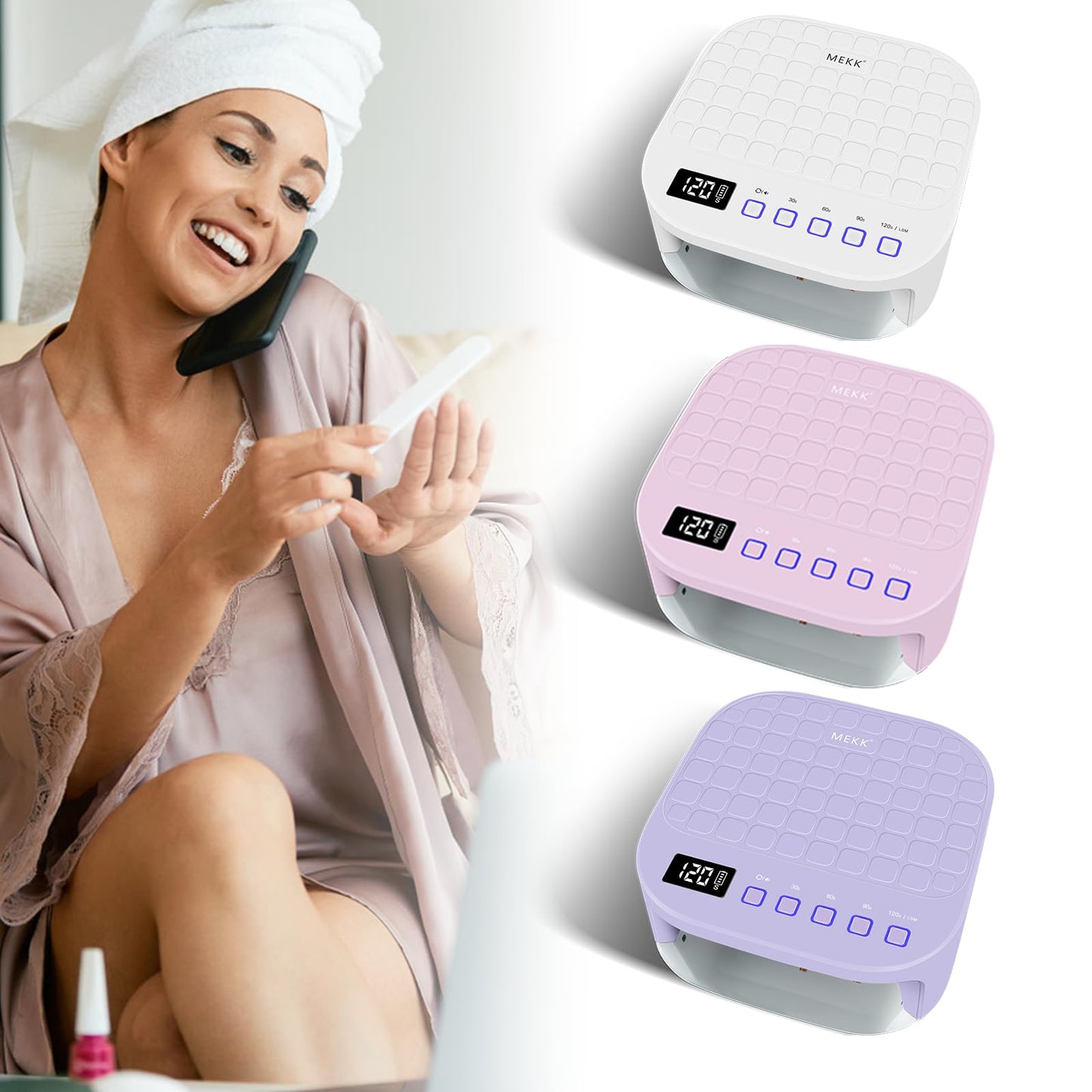 MEKK Cordless UV LED Nail Lamp,54W UV Light for Gel Nails with Hand-Friendly Red Light Beads,Auto Sensor & 4 Timer Settings Professional Flash Cure Lamp for Salon and Home,Checkered Design-Purple