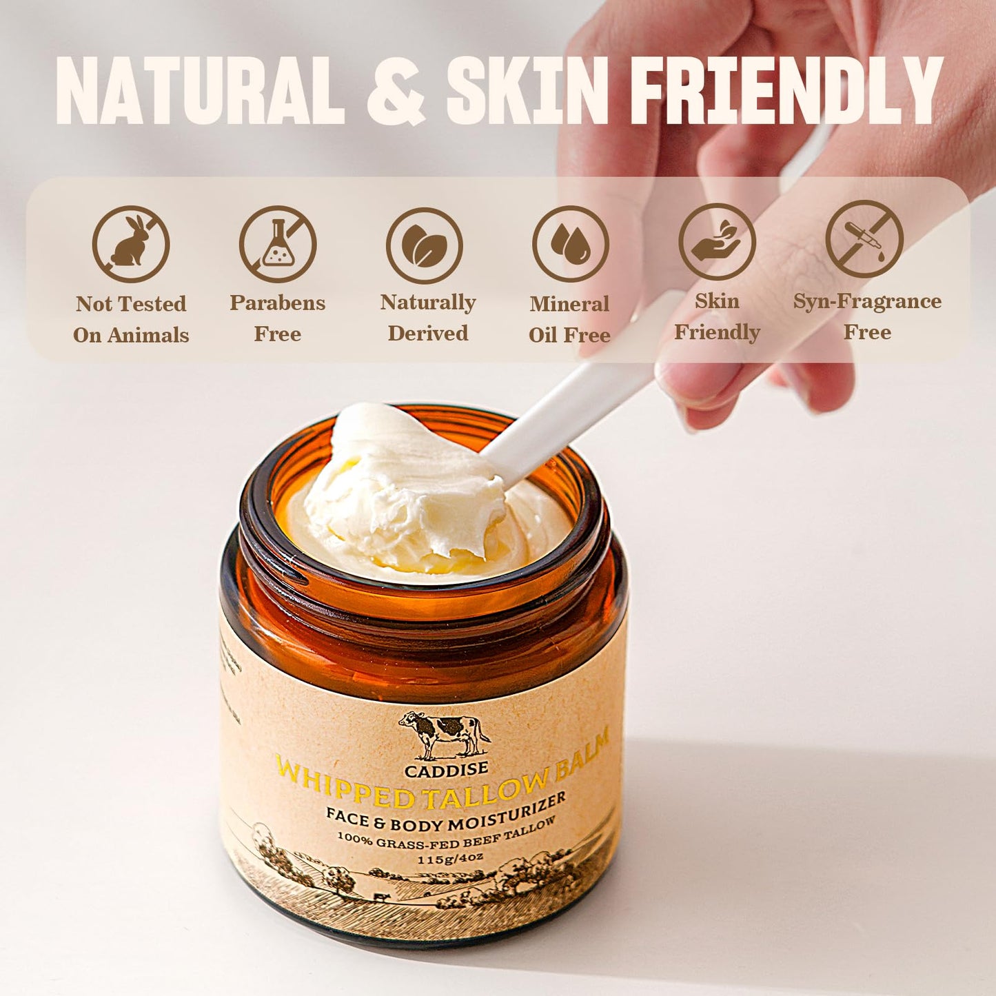 CADDISE Whipped Beef Tallow for Skin-100% Grass-FedHandmade Cream Moisturizer for Face & Body, Natural witHoney, Shea Butter, Jojoba Oil, Non-Greasy, Nourishing fo!Men, Women, Kids, 4 Oz(2 Pack)