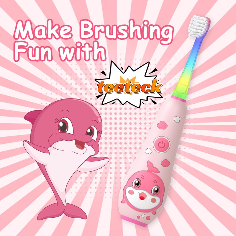 teeteck Electric Toothbrush for Kids - Toddler Electric Toothbrush with Magnetic Charging, Includes 2 Brush Heads, Magnetic USB Charging Cable for Ages 1-6 Boys Girls (Pink)