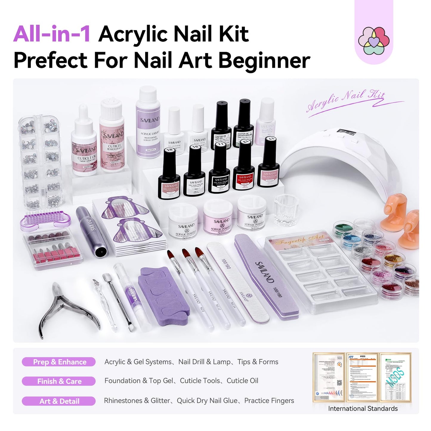 SAVILAND Acrylic Nail Kit: All-In-1 Nails Kit Acrylic Set with 88W Nail Lamp EMA Monomer Gel Nail Polish Nail Drill Cuticle Remover Home DIY Starter