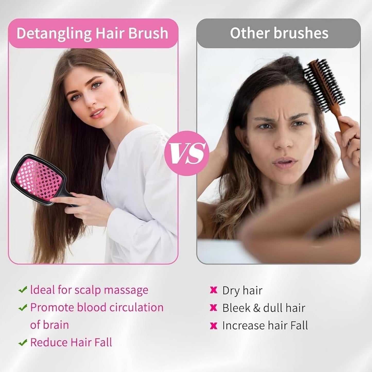 Detangling Hair Brush Set - 2PCS Curly Hair Detangler with Scalp Massage | Black & Pink