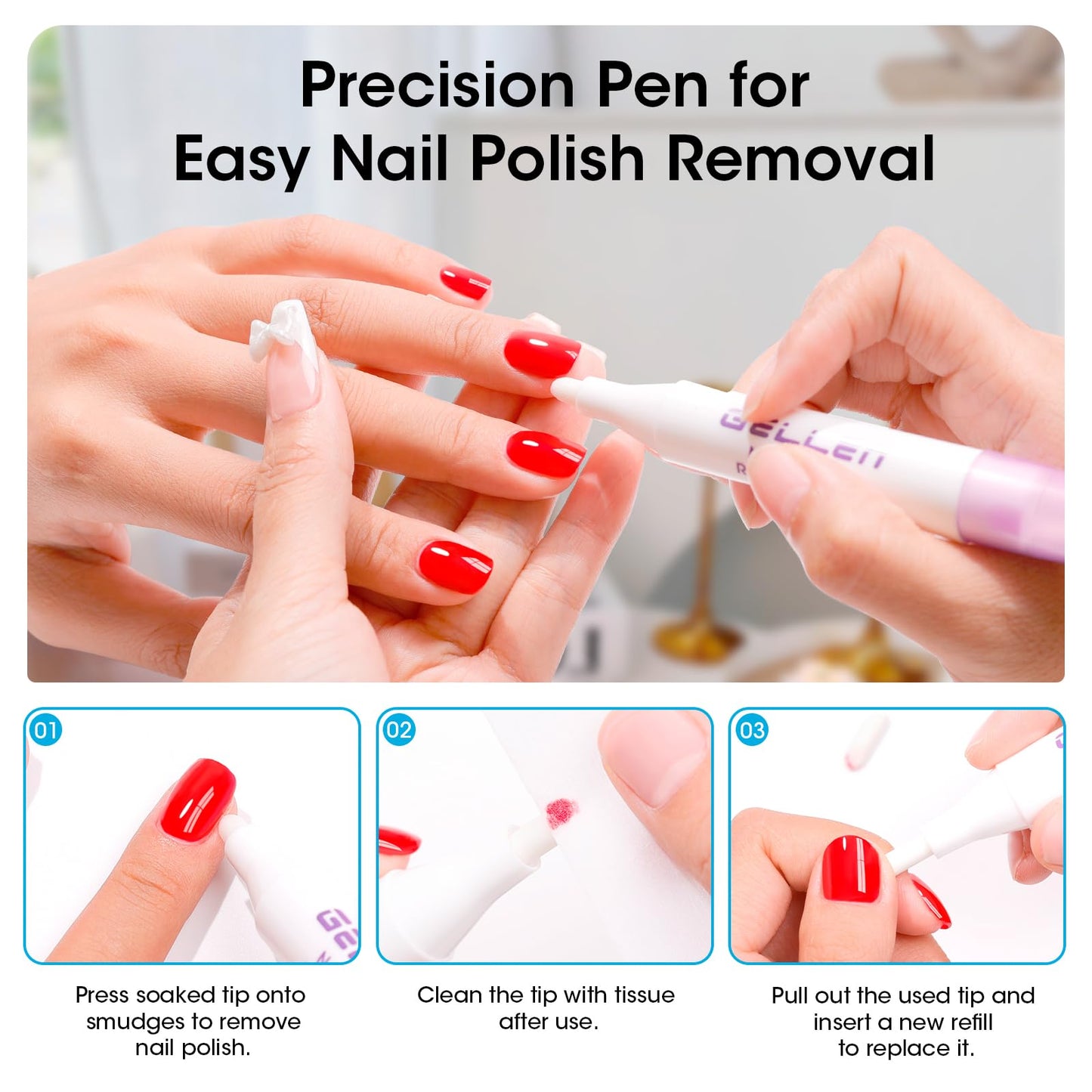 Gellen Nail Polish Remover Set with Corrector Pen, 280ml Ocean Breeze Scent Non-Acetone Nail Polish Remover, Precision Pen with 3 Refill Tips Easy Use | Rapidly Removes Natural and Glitter Nails