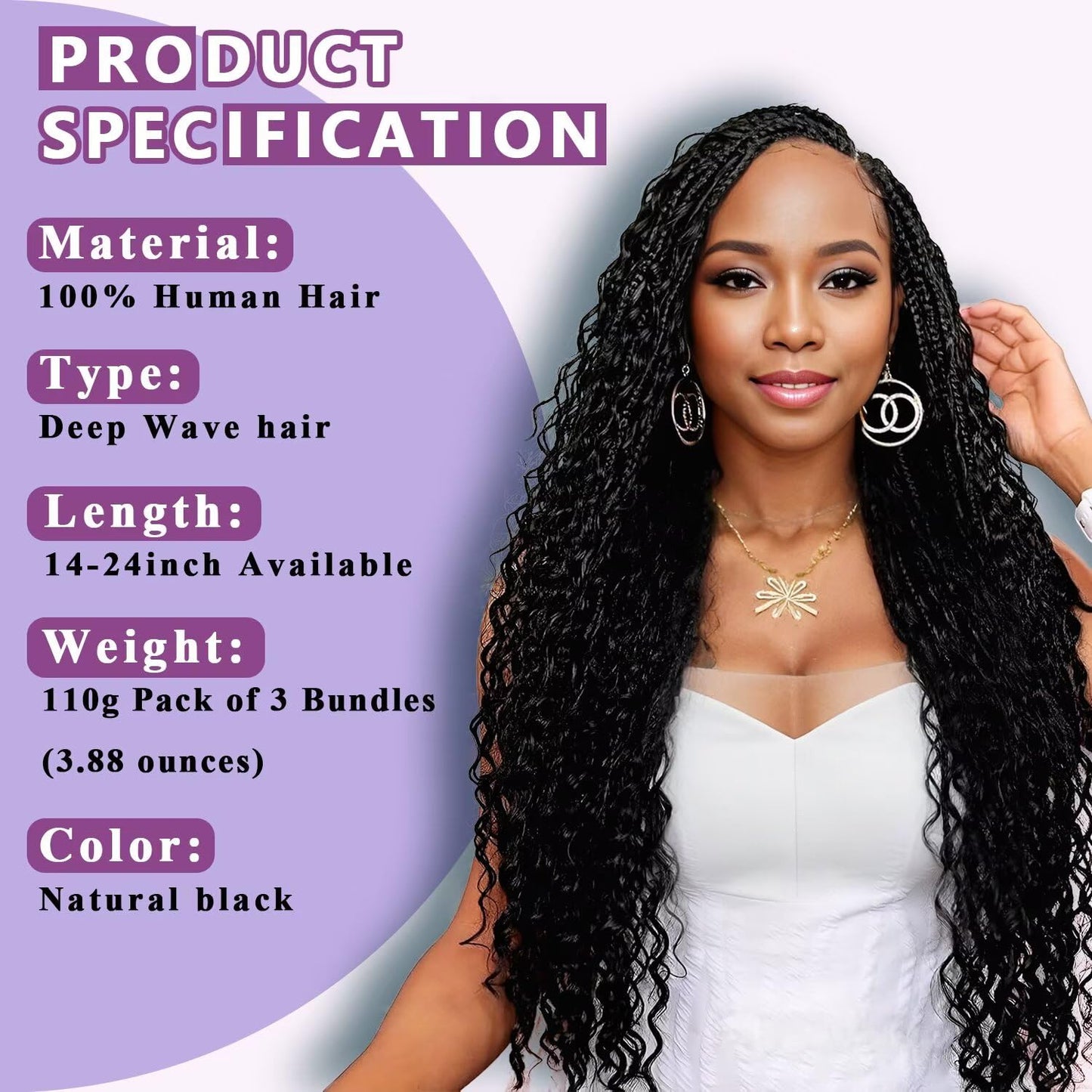 Afihond Human Braiding Hair For Boho Braids Deep Water Wave Bulk Human Hair for Braiding 12A Wet and Wavy Curly 100% Human Hair Extensions 3 Bundles 110g Natural Color 16inch