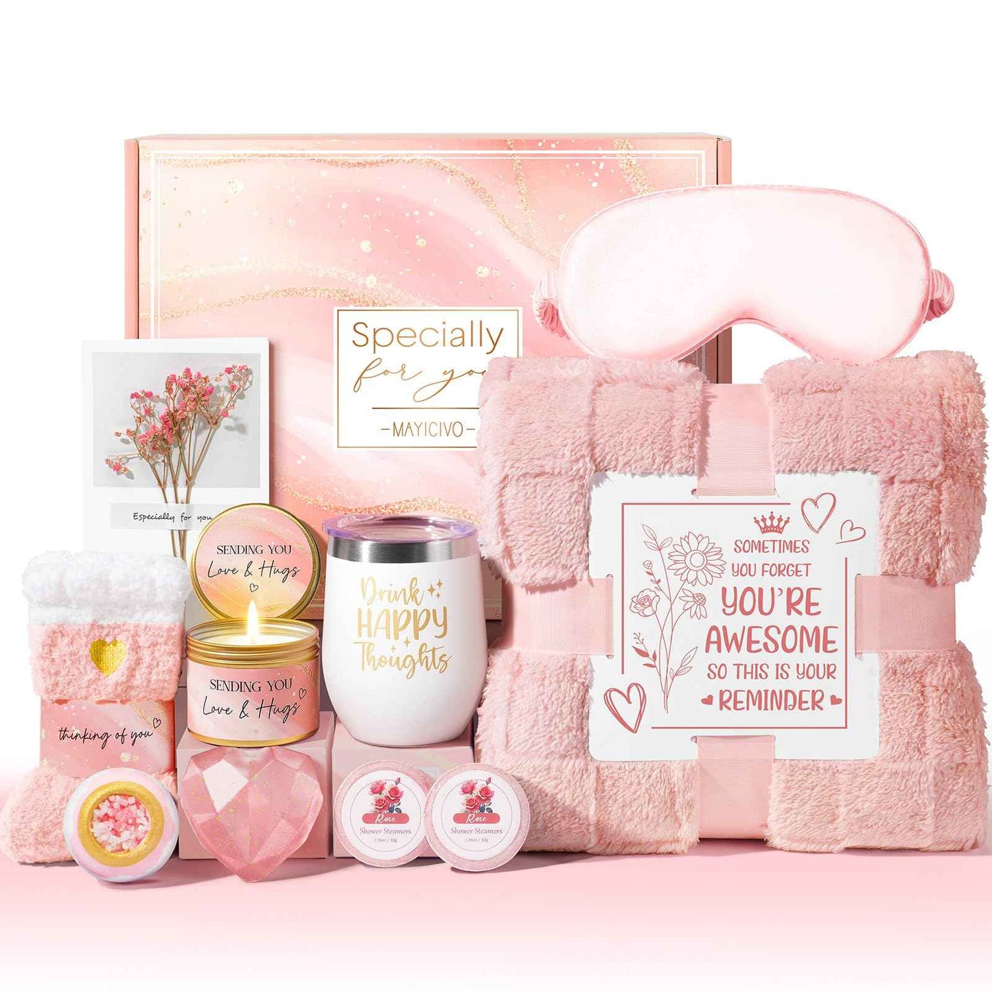 Christmas Birthday Gifts for Women, Self Care Get Well Soon Gift Baskets for Women, Rose Relaxing Spa Gifts Care Package w/ Luxury Blanket, Unique Gift Ideas for Mom Her Wife Girlfriend Friend Sister