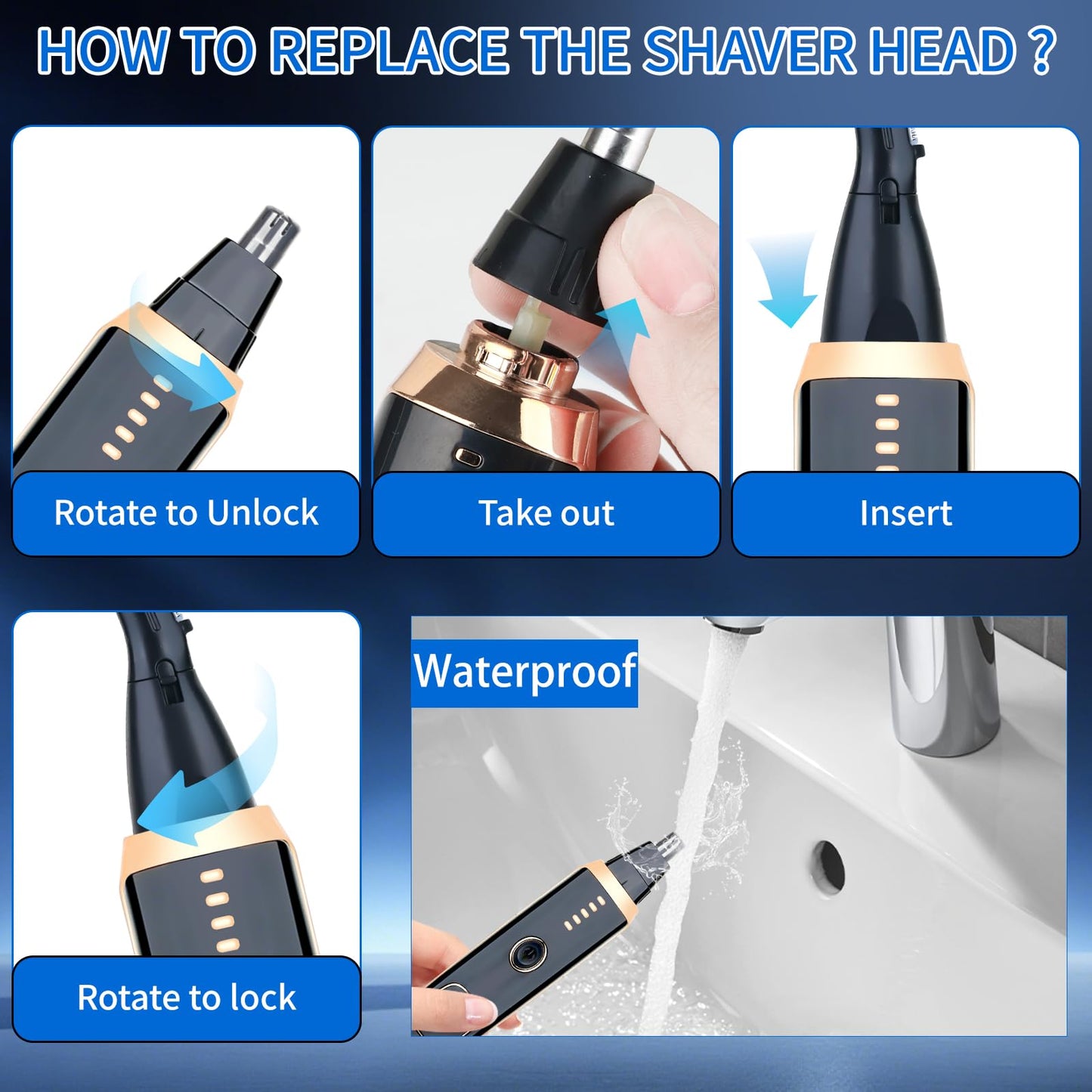 Mendaping Nose and Ear Hair Trimmer for Women Men,2 in 1 LED Display Eyebrow Hair Trimmer with USB Rechargeable,Portble Waterproof Facial Hair Removal with Dual-Edge Blades for Travel (Black Gold)