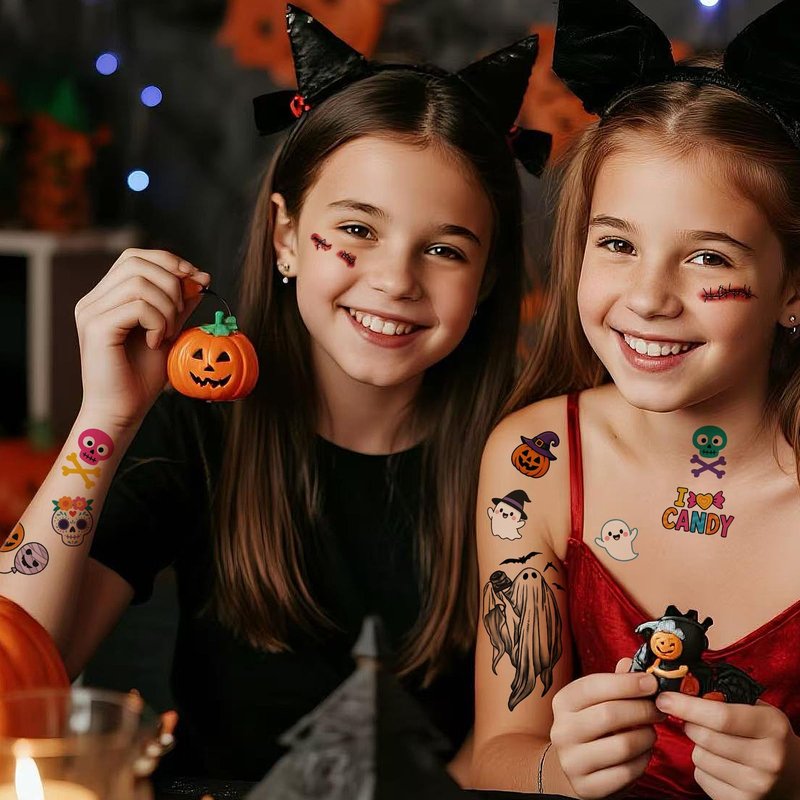 77 Sheets Halloween Temporary Tattoos Women Men, 17 PCS Half Sleeve Pumpkin Bat Crow Witch Skull Fake Tattoos for Adult, 60 PCS Spider Cat Ghost Scar Tiny Realistic Face Body Tattoos Stickers