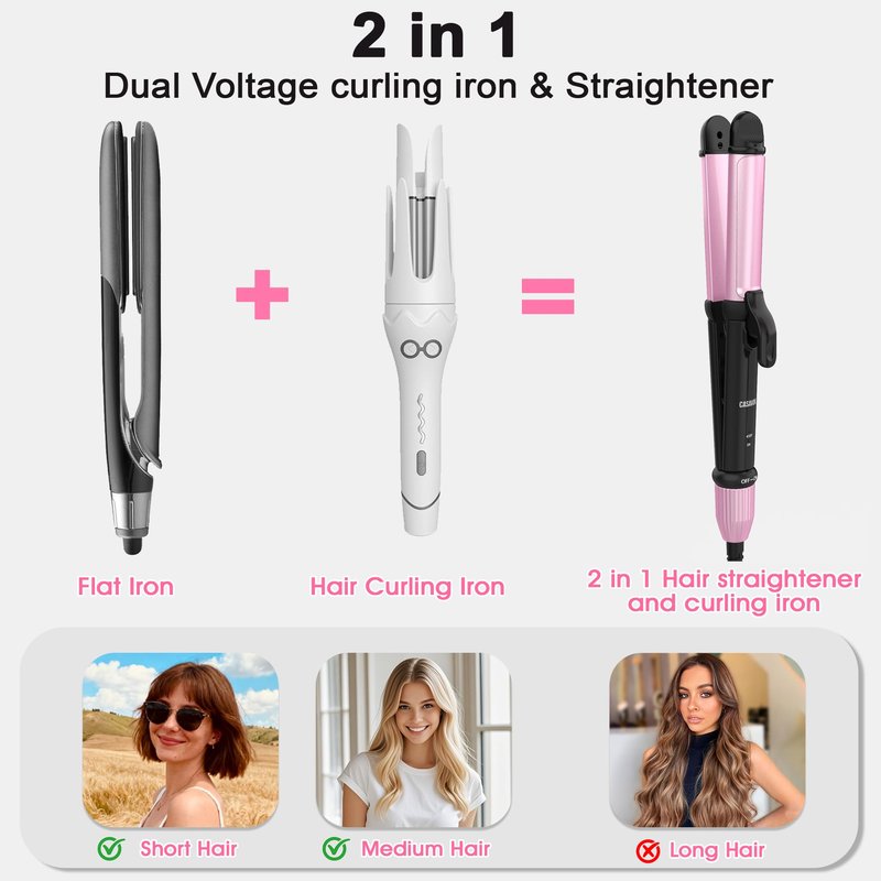Dual Voltage Curling Iron for Travel,110V-240V Curling Iron 1 inch with European Plug Adapter,2 in 1 Hair Straightener and Curler(Pink)