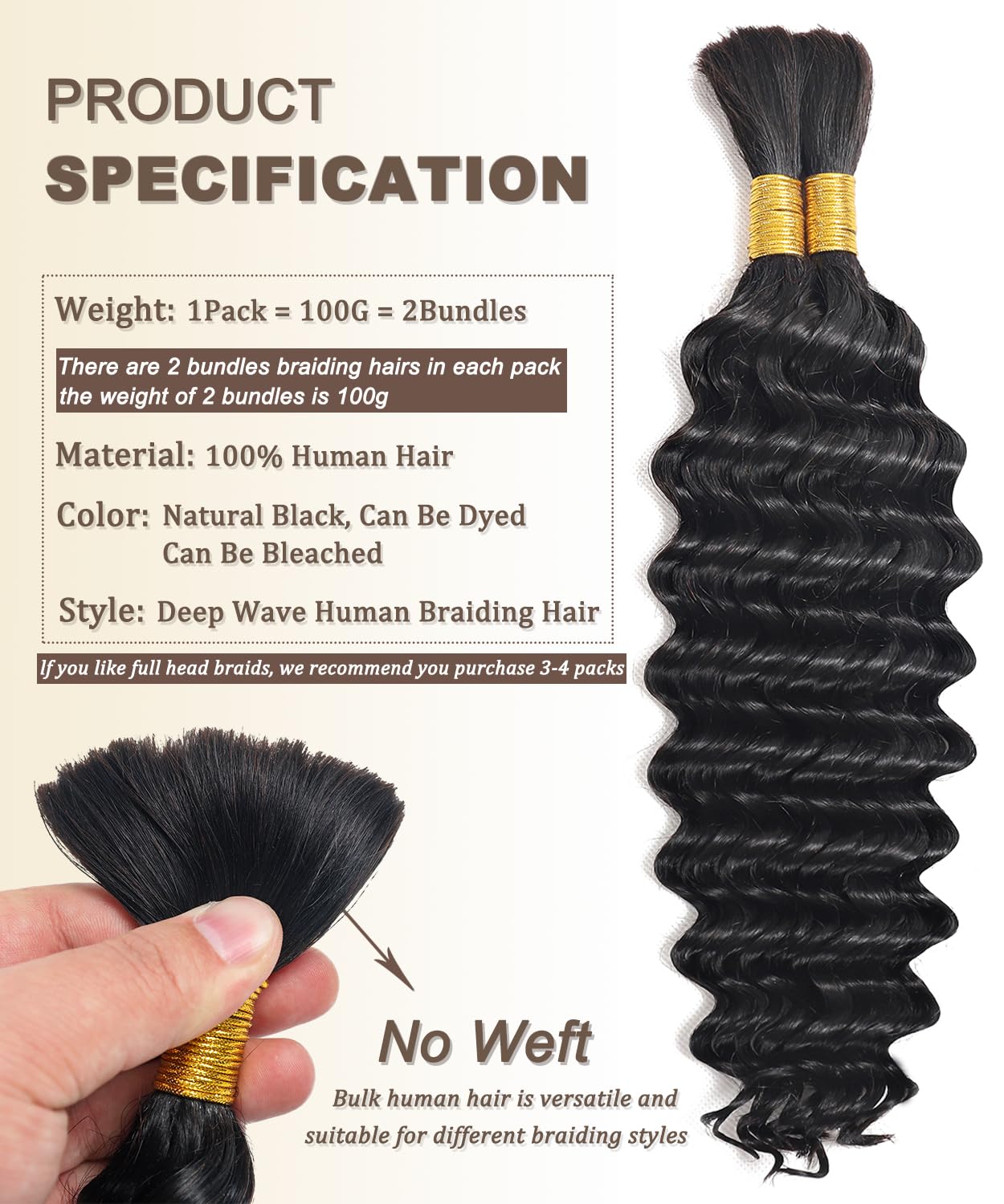Curly Human Hair Bundles for Braiding - 12A Deep Wave, 16 Inch, No Weft | 100% Unprocessed Brazilian Virgin Hair