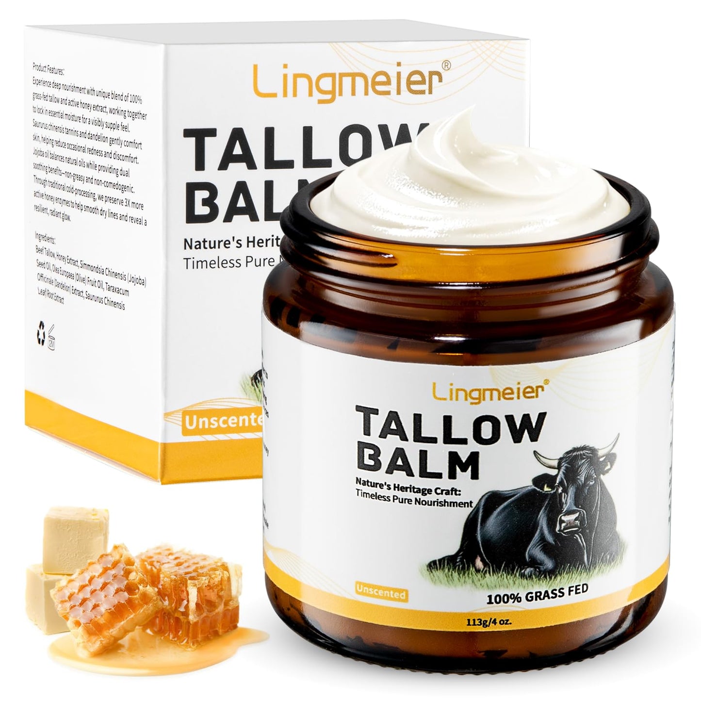 Lingmeier Whipped Beef Tallow Balm with Grass Fed Tallow and Honey, Unscented Natural Moisturizer for Dry Sensitive Skin, Eczema, Rosacea, 4 oz