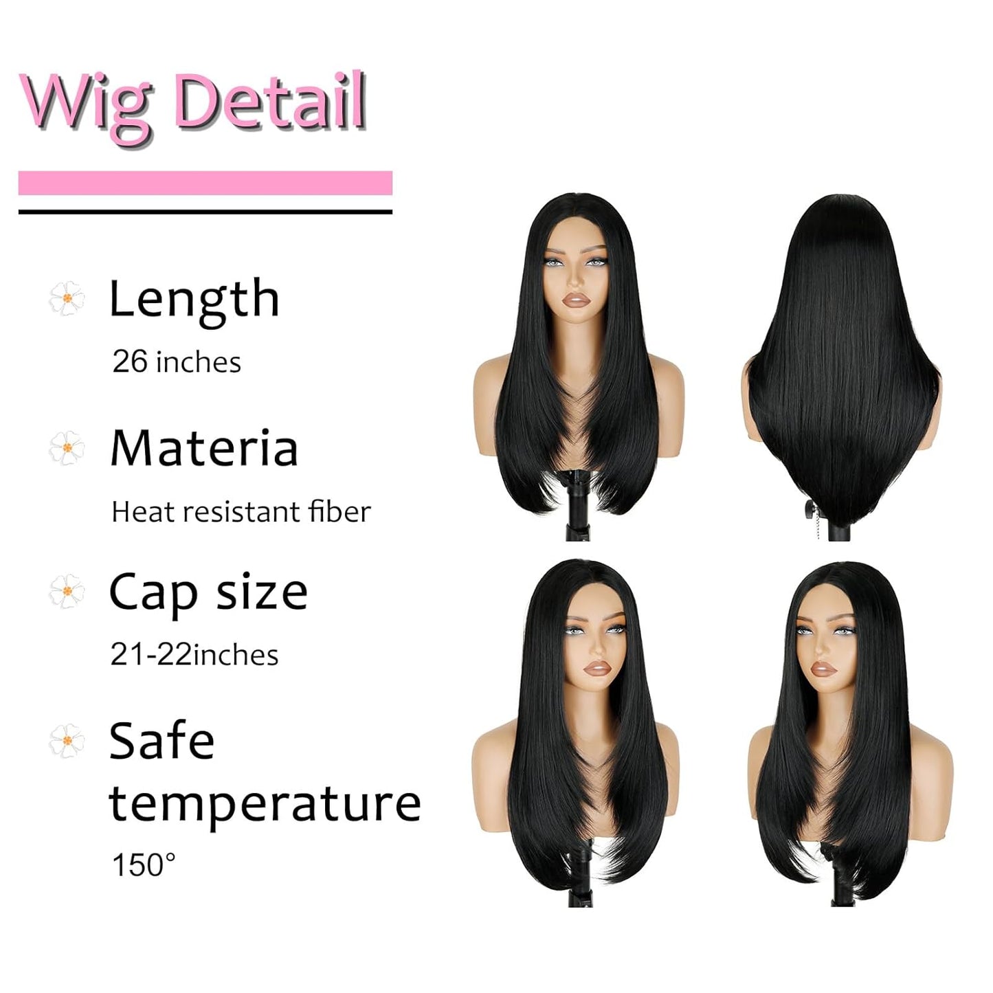 Black Lace Front Wig - Pre-Plucked Glueless Long Straight Synthetic Hair | 26 Inch for Cosplay & Daily Wear