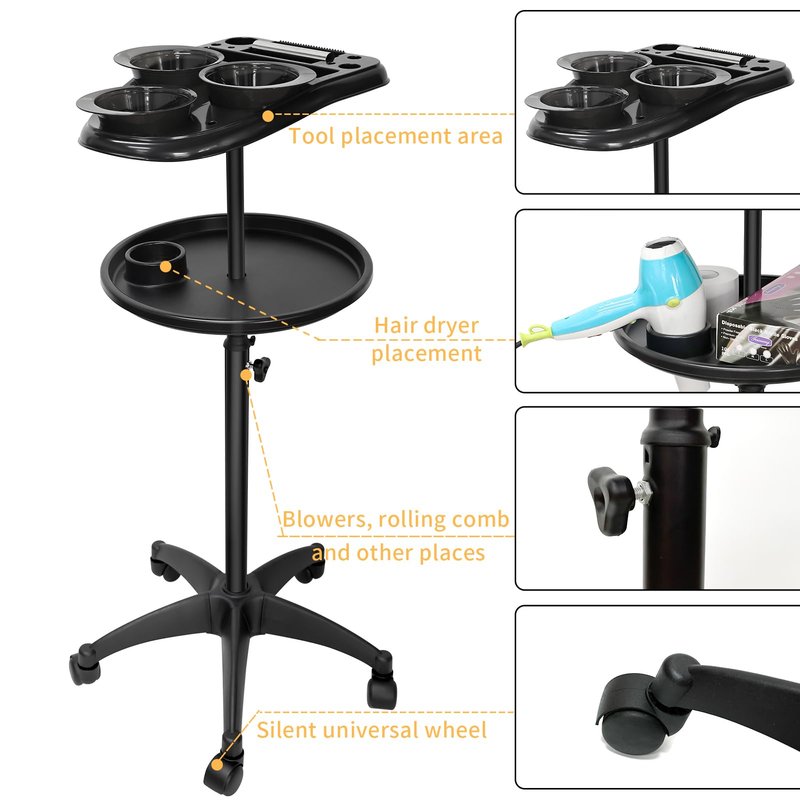 Salon Tray on Wheels, Professional Hair Dyeing Stations with 3 Bowls, Barber Hairstylist and Coloring Rolling Carts, Hairdressers Tools Double Tray for Salon Home Use