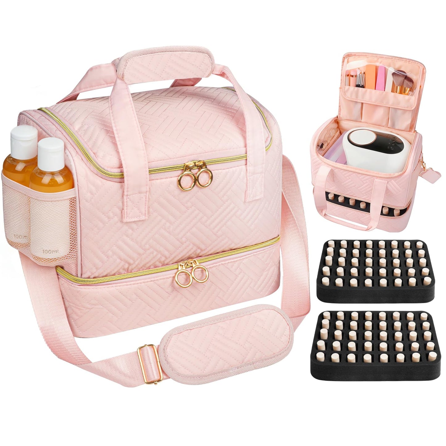 Veirdro Nail Polish Organizer Hold 90 Bottles (15ml/0.5fl.Oz)& Nail Lamp, Three Layer Nail Supplies Organizer Case with Holder& Shoulder Strap, PU Leather Nail Kit Organizers and Storage Bag (Black)