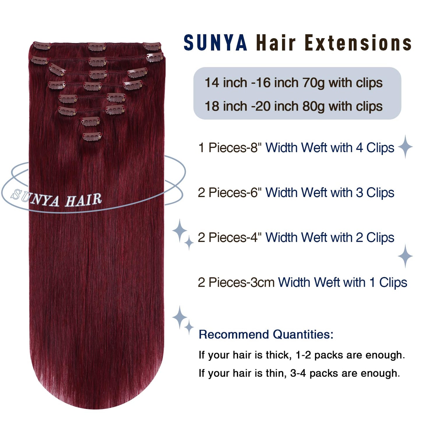 Sunya Clip in Hair Extensions Real Human Hair 7 Pcs Human Hair Clip in Extensions 16 Inch Straight Double Weft Remy Human Hair Extensions Clip ins for Women #99J Burgundy 70G
