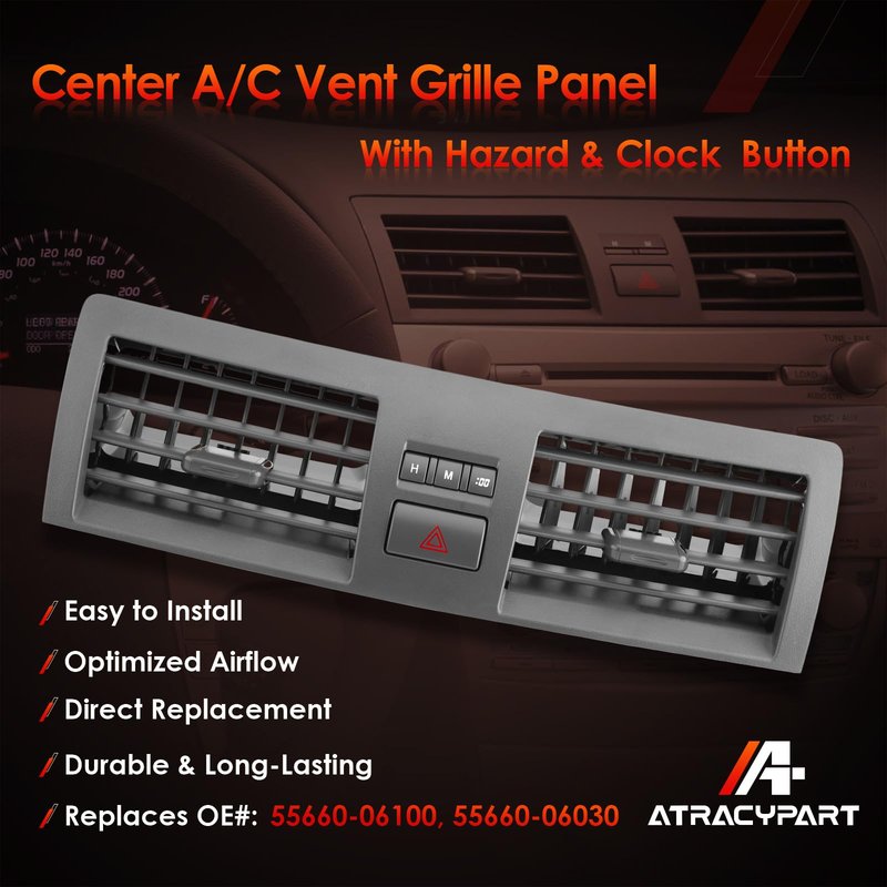 Center Dash A/C Air Vent, Compatible with 2007-2011 Toyota Camry, Console Outlet Insert Grille Panel Trim Cover with Emergency Switch Clock Button, Replaces# 55660-06100