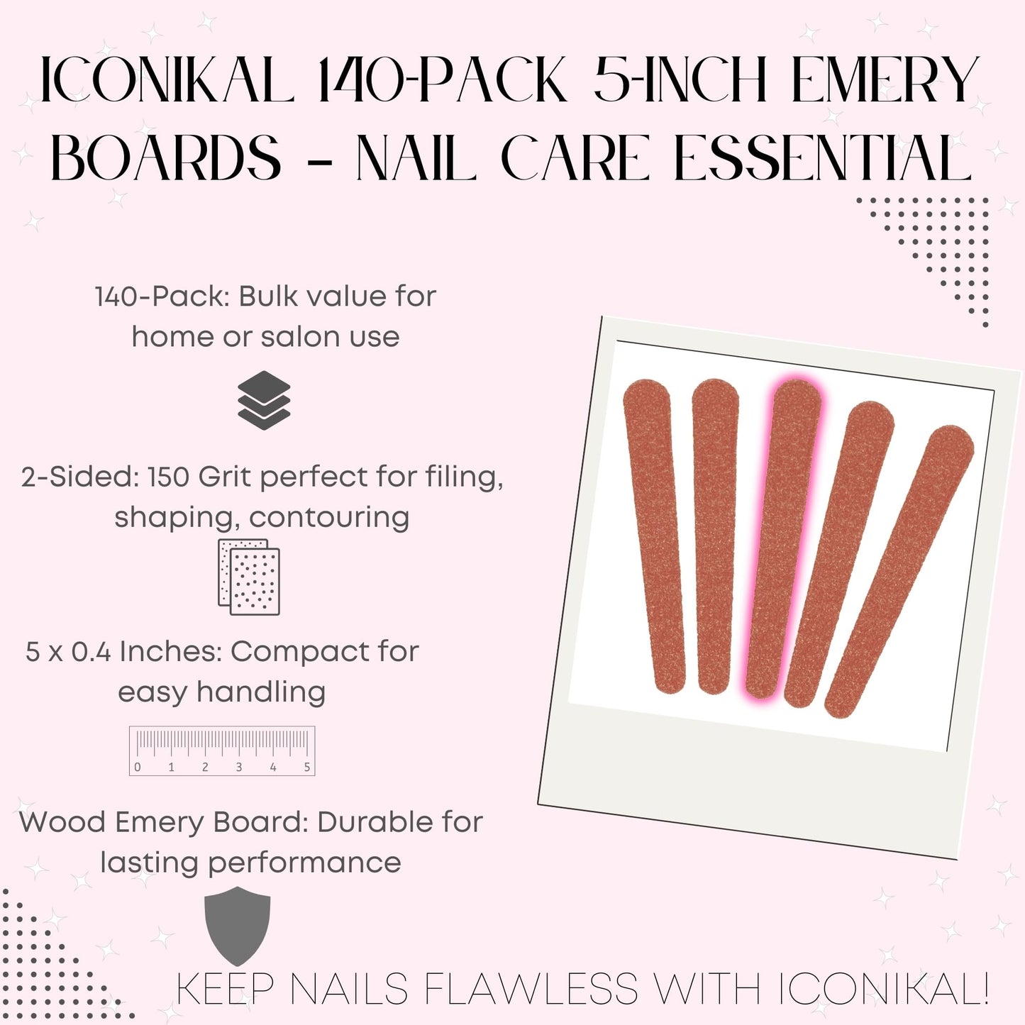 Iconikal 140-Pack 5-Inch Nail Files, 2-Sided Manicure Pedicure Tool Wood Emery Board, 5-Inch, Wood for Filing, Shaping, Contouring