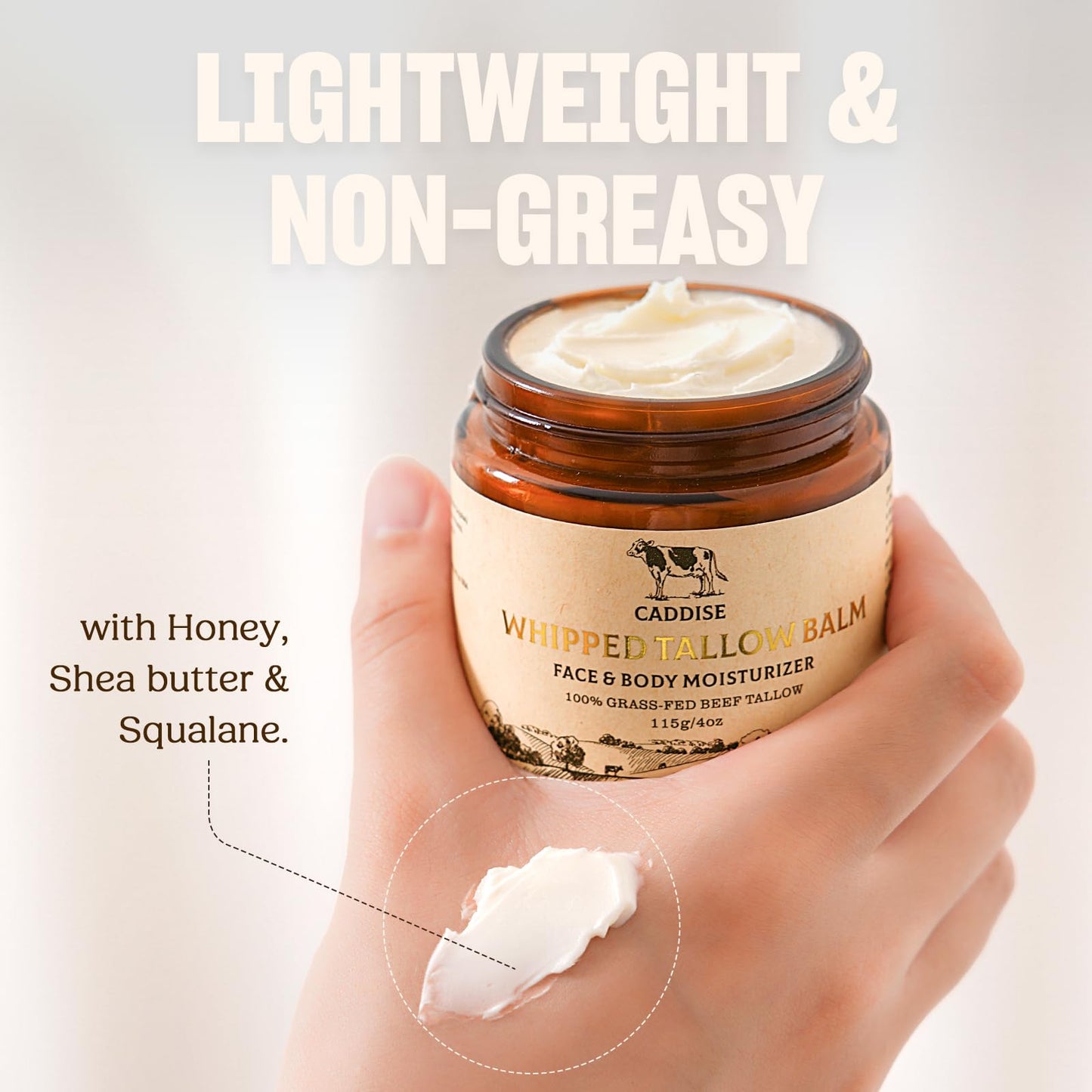 CADDISE Whipped Beef Tallow for Skin-100% Grass-FedHandmade Cream Moisturizer for Face & Body, Natural witHoney, Shea Butter, Jojoba Oil, Non-Greasy, Nourishing fo!Men, Women, Kids, 4 Oz(2 Pack)