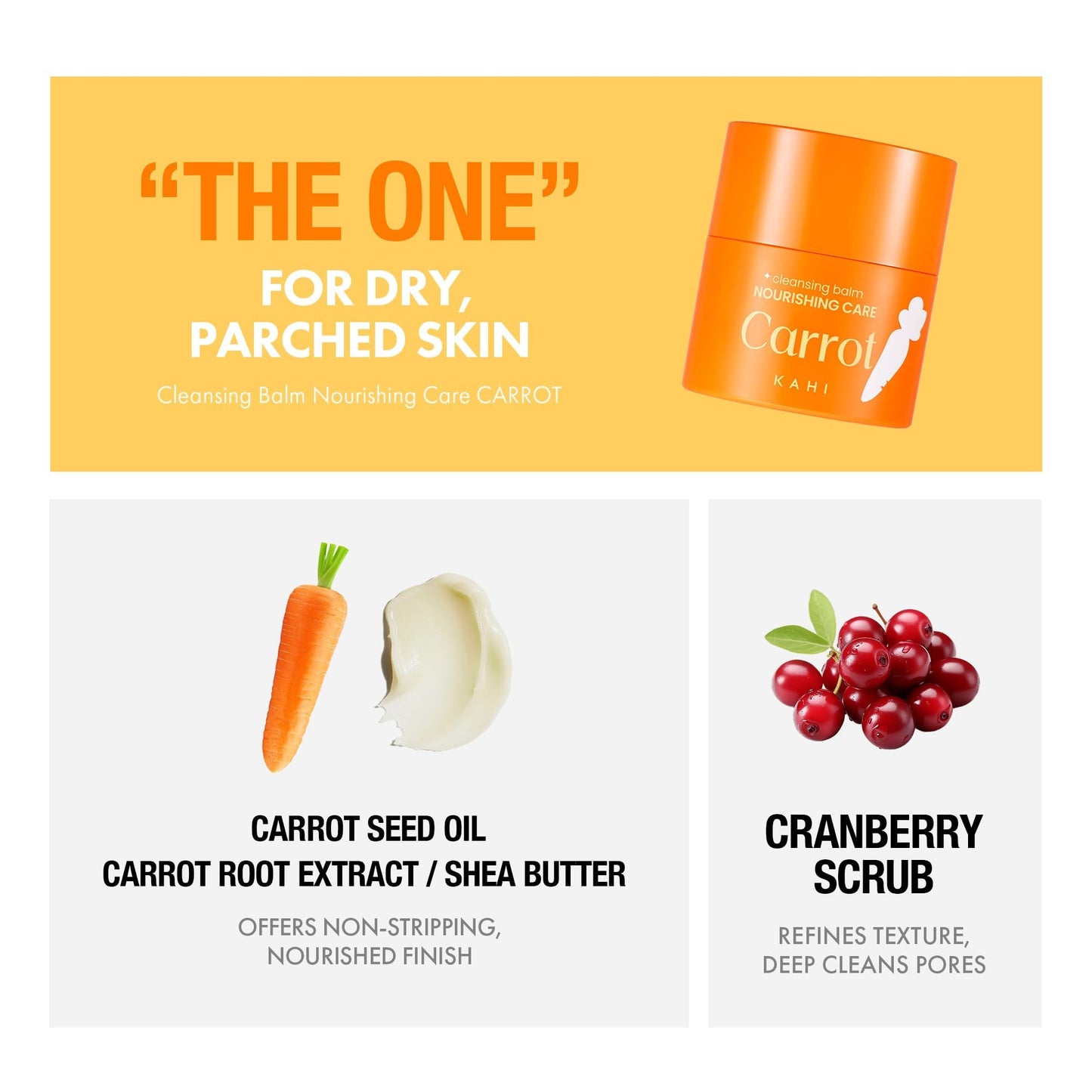 KAHI Cleansing Balm Nourish Care Carrot - Makeup Remover Balm with Carrot Seed Oil, Shea Butter & Cranberry Scrub - Gentle Exfoliating Korean Skincare 1.69 oz