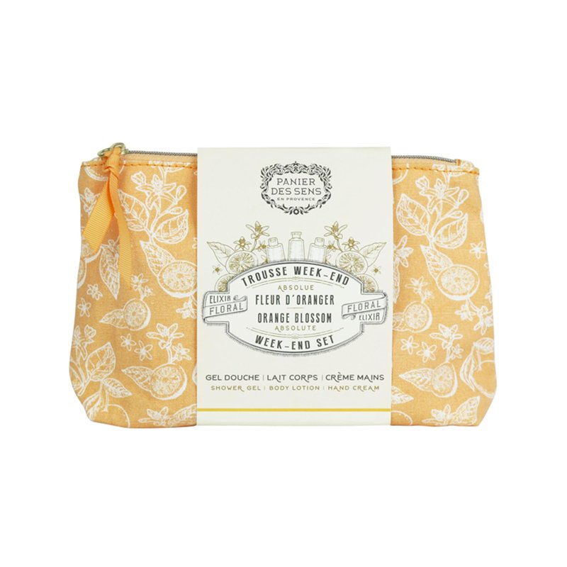 Panier des Sens - Travel Pouch Orange Blossom Gift Set - Shower Gel 3.3 fl oz + Body Lotion 3.3 fl oz + Hand Cream 1 fl oz - 97% Natural Ingredients - Made in France, Vegan Friendly Body Care
