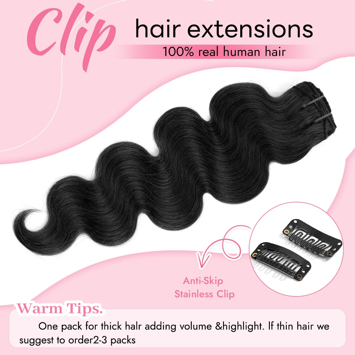 Tandulo Clip in Hair Extensions Real Human Hair Body Wave 1 Jet Black Clip in 100% Brazilian Remy Human Hair Extensions 8pcs Per Set with 18 Clips Double Weft 16 Inch 90g/3.6oz