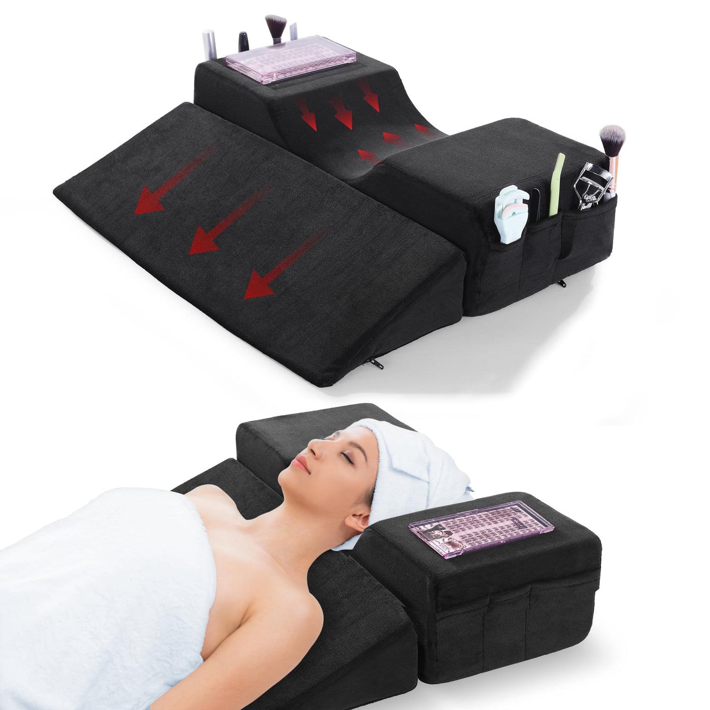 BALAPET Lash Pillows for Eyelash Extensions Ergonomic and Comfortable Velvet Foam Eyelash Pillow for Neck and Back Support Pillow Side Pockets can be Placed Tools,Easy to Graft Eyelashes(Black)