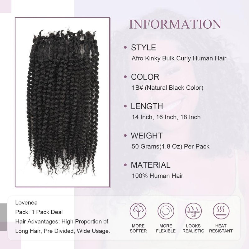 Lovenea Afro Kinky Curly Bulk Human Hair 50g/pack 100% Real Human Hair for Mini Twist/Braiding/Loc Extensions Curly Hair Natural Afro Bulk for Dreadlocks (4#, 14 Inch-50g)