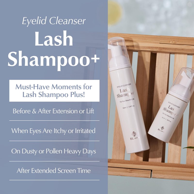 BL Lashes Lash Extensions Shampoo + Brush | 3.38 fl.oz, 100ml | Oil-Free Eyelash Cleanser & Foaming Eyelid Wash | Gentle Makeup Remover for Sensitive Eyes | Professional Use & Home Care