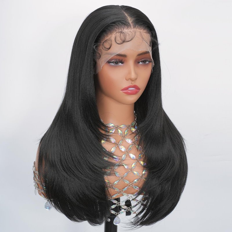 Looxey Lace Front Wigs for Black Women 13X6 Long Layered Straight Wig with Baby Hair Synthetic Hair Soft As Human Hair 24 Inch 1B Black Pre Plucked Bleached Knots Glueless Wig (Black)