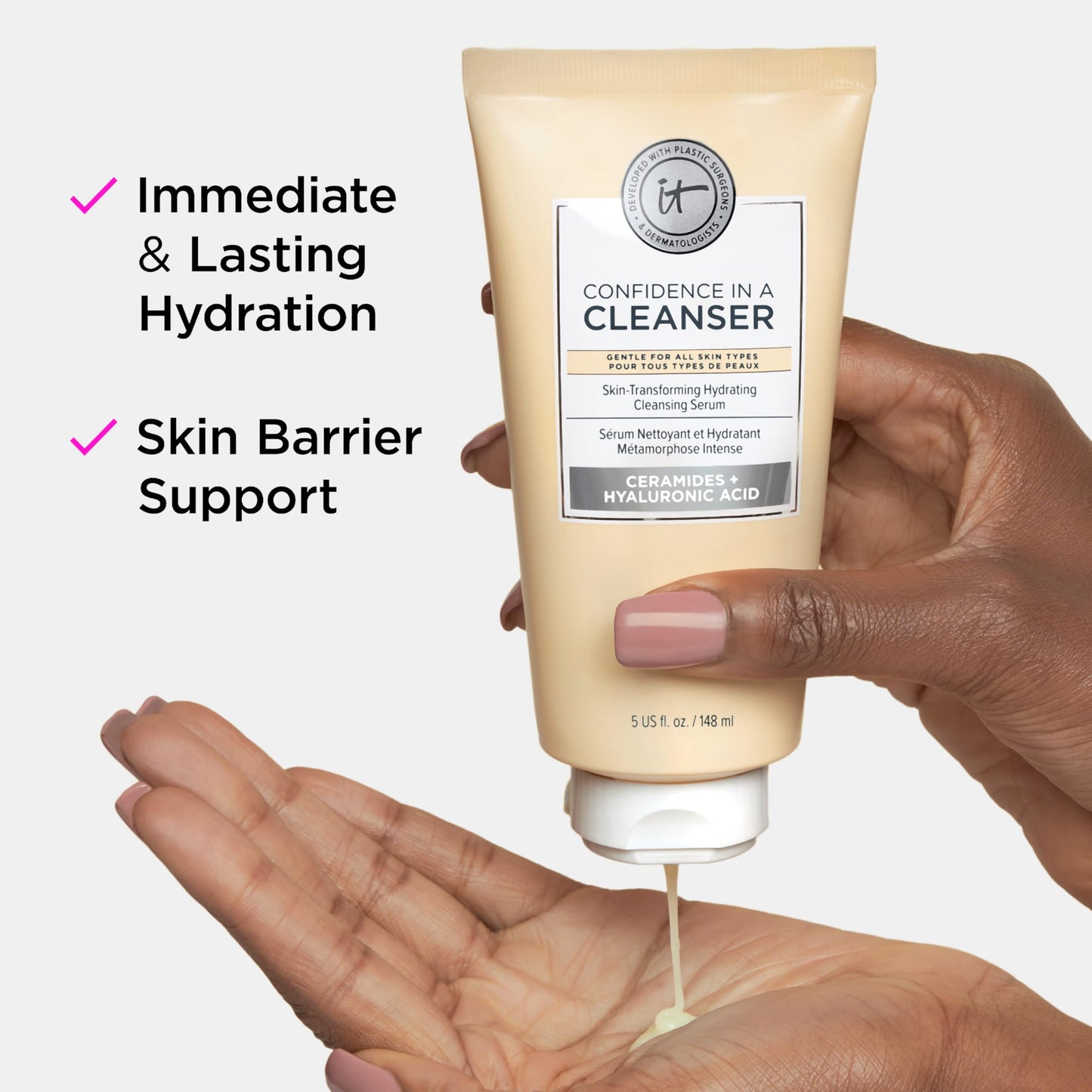 IT Cosmetics Confidence in a Cleanser Travel - Hydrating Serum Foaming Face Wash With Hyaluronic Acid & Ceramides, Gentle Makeup Remover, Skin Barrier Support, Non-Stripping, Sulfate-Free - 1.7 fl oz