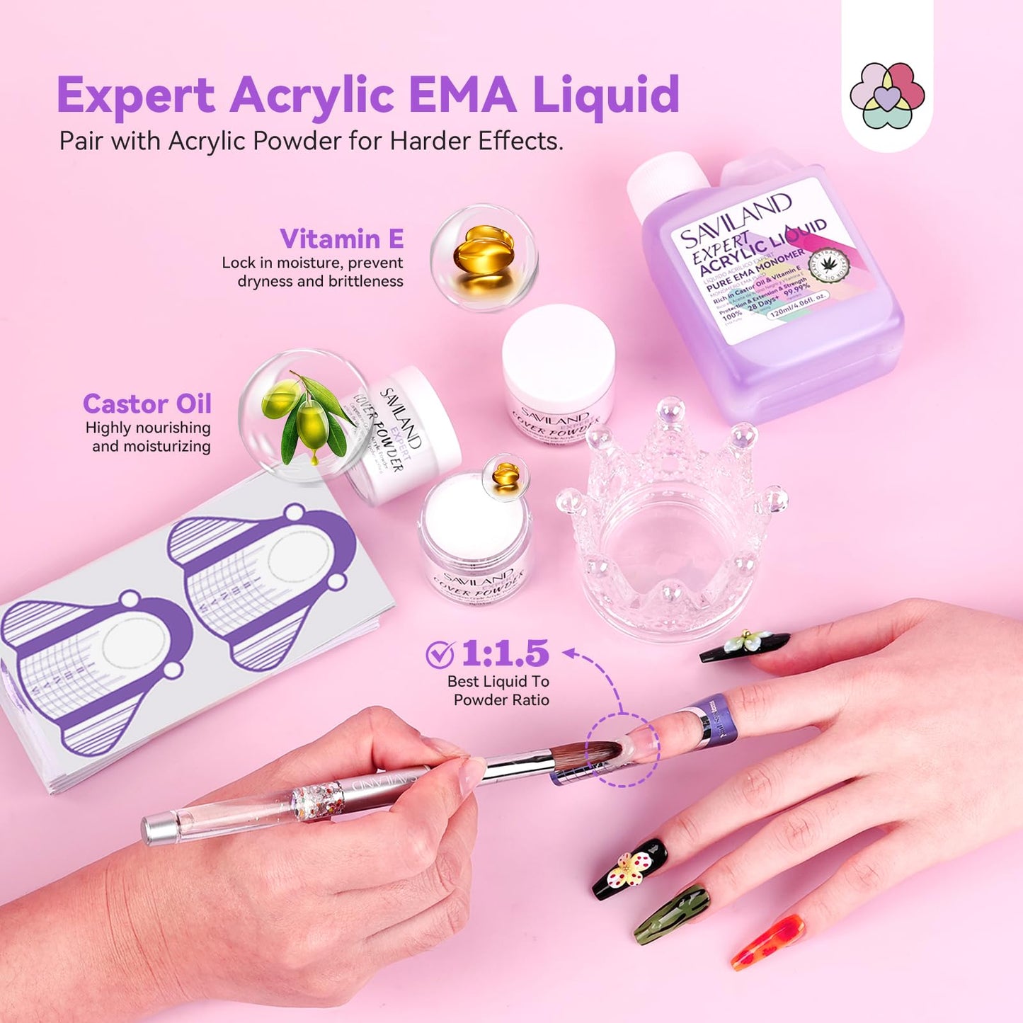 SAVILAND Acrylic Nail Kit: Professional Nails Kit Set Clear White Pink Acrylic Powder and Liquid Set with U V Nail Lamp Nail Remover for DIY Home Use