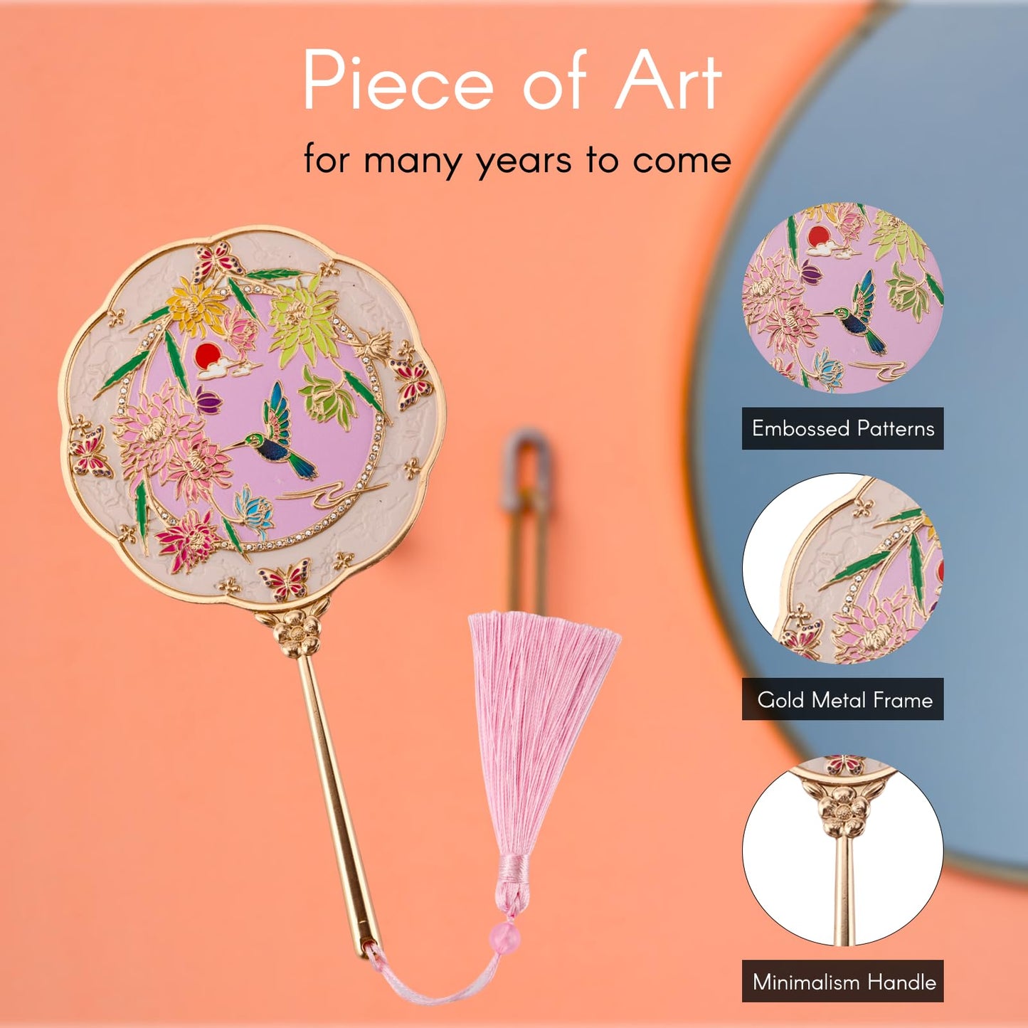Hand Mirror, Handheld Mirror with Hummingbird Embossed Patterns (Metal), Unique Gifts for Women Birthday Gift for Women Mom Her, Elegant Cosmetic Mirror (Gold)