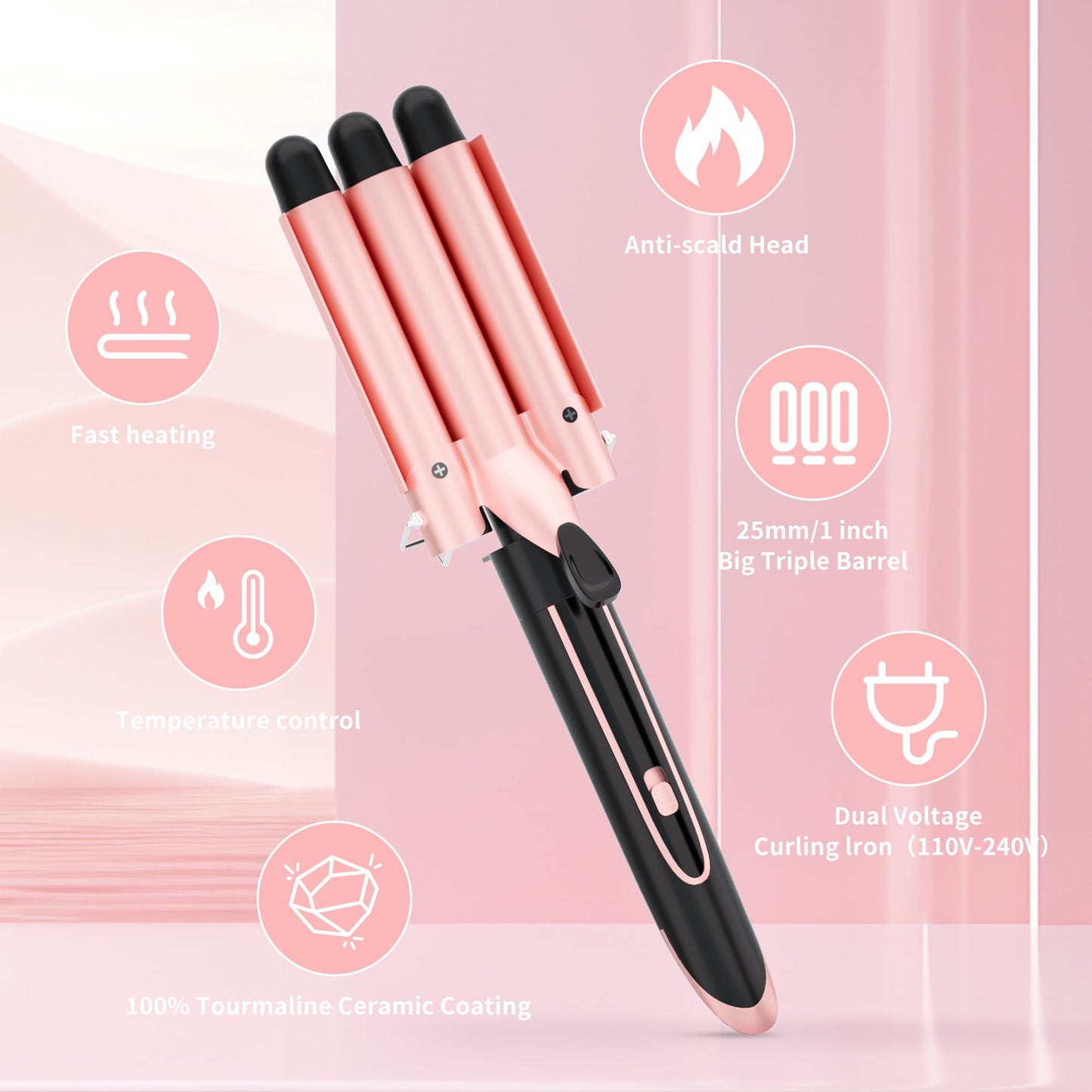 5-in-1 Curling Iron Set, Includes 3 Curling Irons and 4 Interchangeable Ceramic Barrels; Dual-Voltage Wavy Curling Iron; Comes with Protective Gloves and Hair Clips (0.3–1.5 inches), Rose Gold