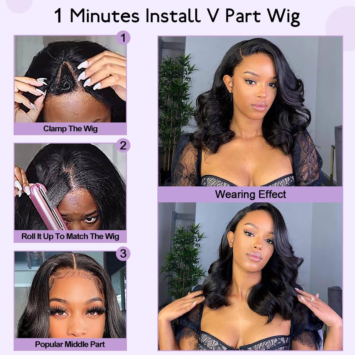 Wavy V Part Wig for Black Women - Glueless Heat-Resistant Synthetic Hair | 24 Inch, Soft Texture