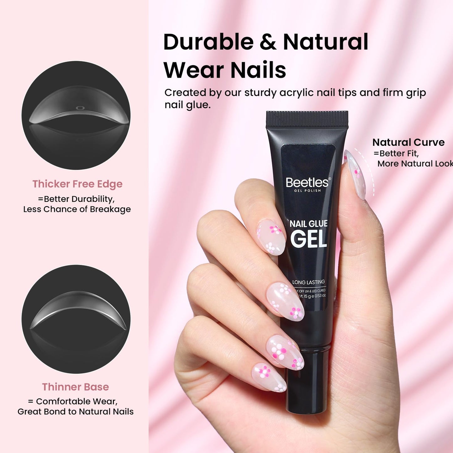Beetles Gel Nail Kit Short Almond, with Dehydrator and Primer, 576Pcs Half Matte Etch-X Gel Nail Tips Solid Nail Glue Mini Lamp Acrylic Tips Easy DIY Extension Set Gift for Women