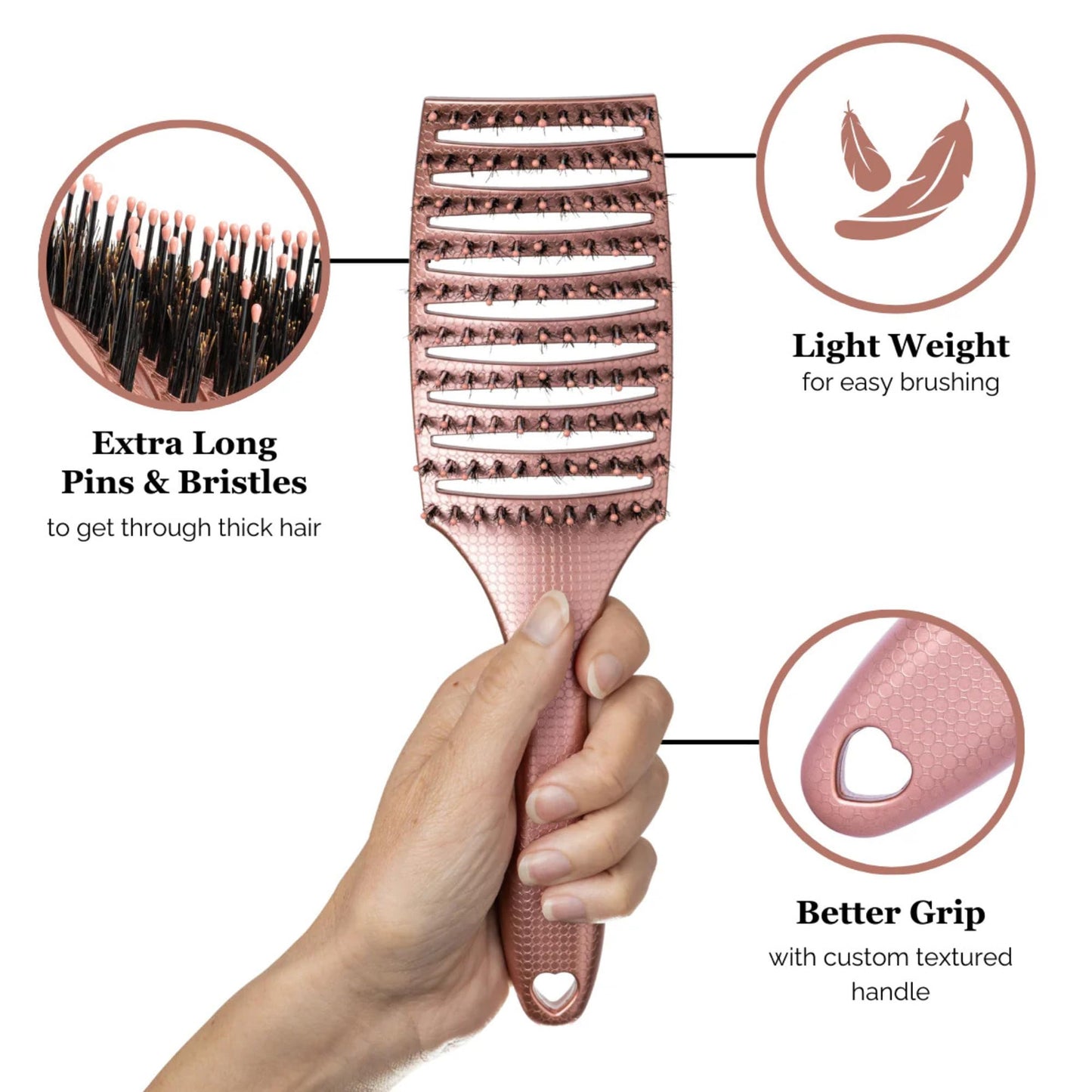 HAPPY HAIR: The Mother Brush - Detangler Brush - Patented Salon Quality Detangling Boar Bristles with Pins Designed for Women to Detangle and Smooth Thick Hair (Rose Gold)