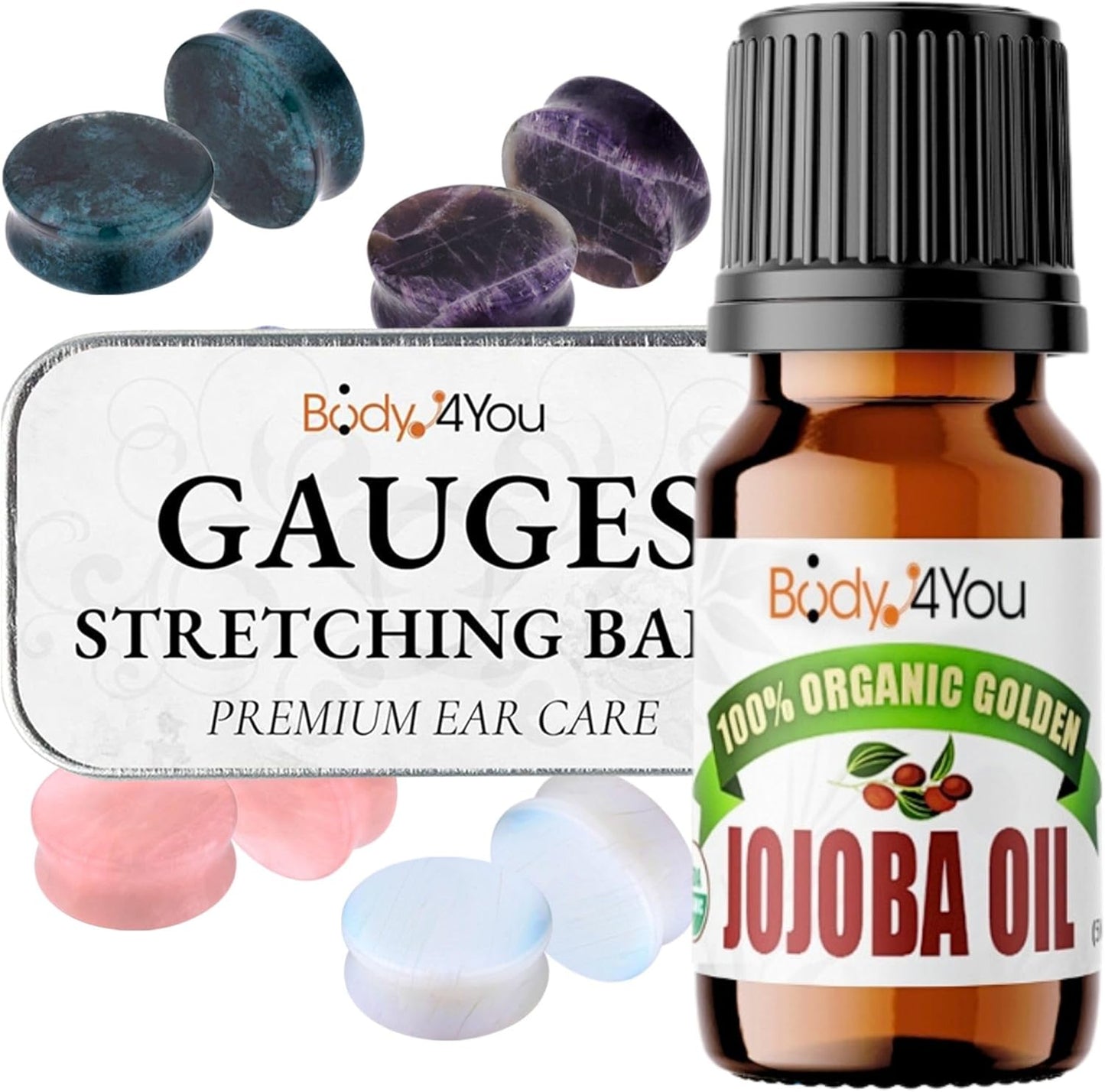 BodyJ4You | 18PC Body Piercing Stone Plugs - Organic Jojoba Oil Aftercare Balm - 24mm (1") Double Flared Tunnels