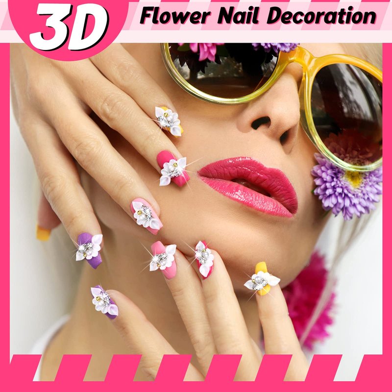 Tinlade 50 Pcs White Flower Nail Charms 3D Acrylic Flower Beads for Nail Gems and Rhinestones with Pearl Beads Crystals Blossom Art Accessories for Women DIY