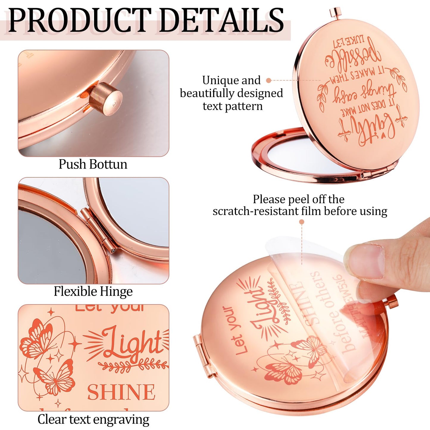 Huwena 12 Pcs Christian Gifts Mirror for Women Bulk Bible Verse Makeup Folding Compact Pocket Mirror Back to School Party Inspirational Religious Gift Teacher Coworker Employee Travel Church Baptism