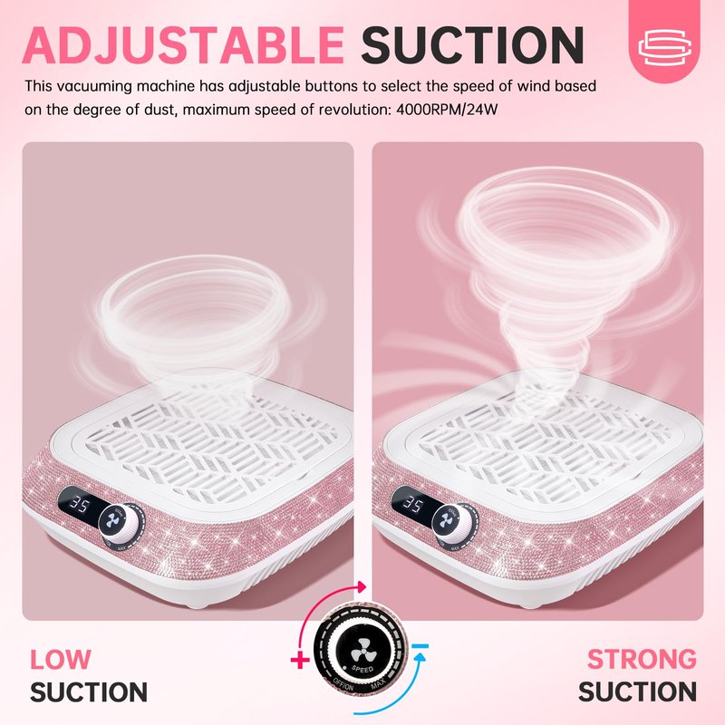 CHRISTINE SHELLY Nail Dust Collector, Professional Dust Collector Nail Tech, 3500 RPM Vacuum Fan Vent Dust Collector Extractor Dust Suction Machine for Acrylic Nails Polishing (Pink Diamond)