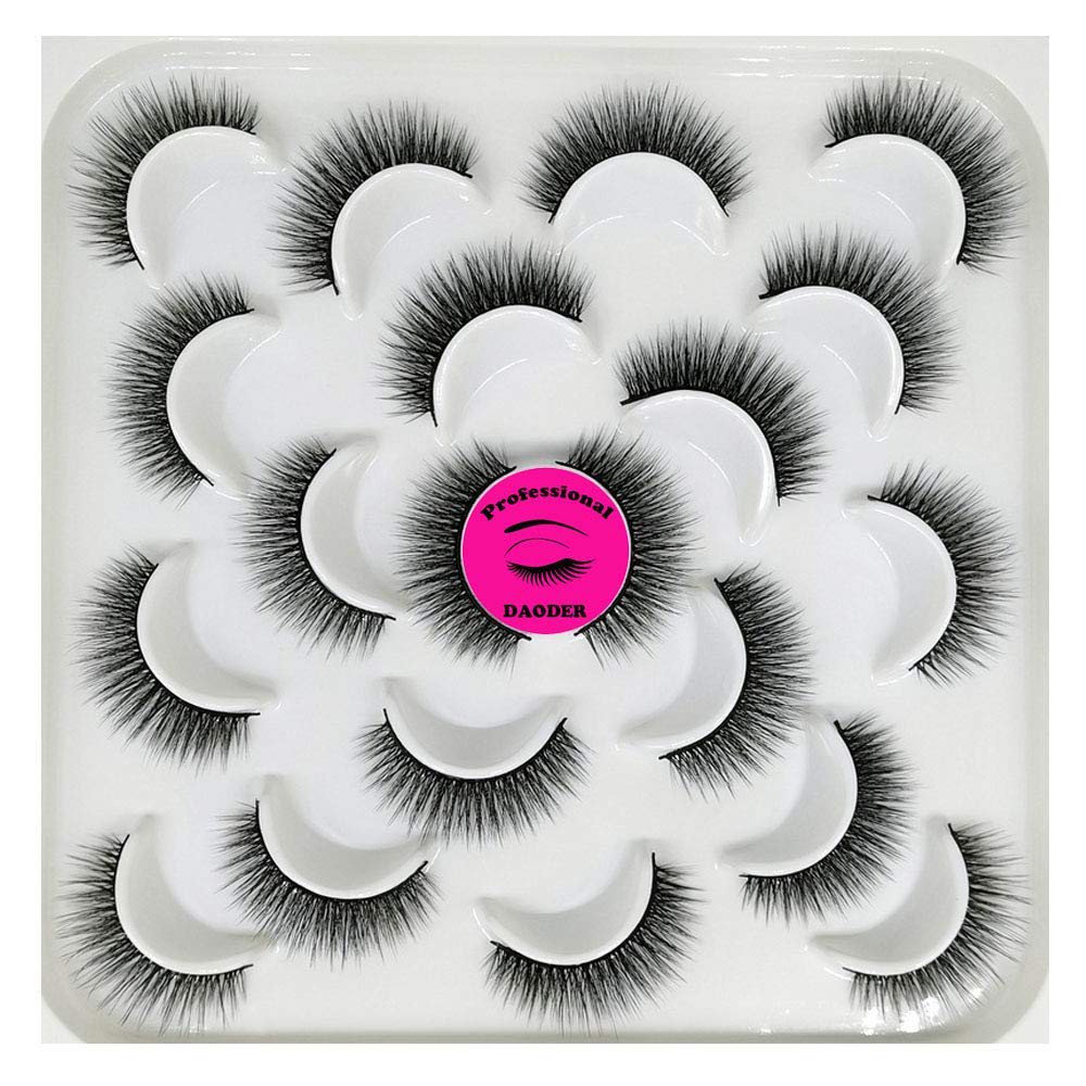 DAODER False Eyelashes Lashes Natural Look Thick Short 3D Faux Mink Lashes Strip 10mm Reusable Soft Wispy Lashes Pack Vegan Natural Lashes 10 Pairs(Natural Short lashes)
