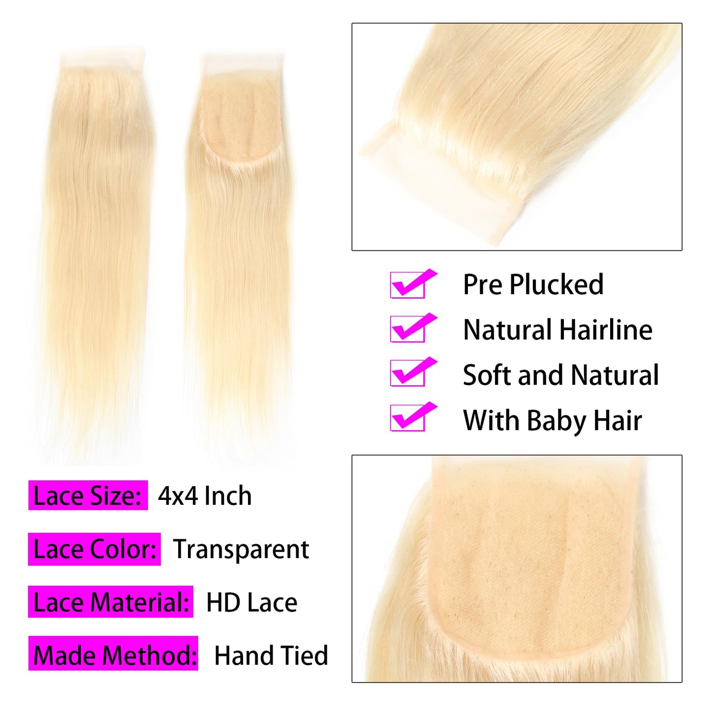 LANWIUKU 613 Closure 4x4 Lace Closure Straight Human Hair 613 Blonde Closure Pre Plucked With Baby Hair Brazilian Virgin Blonde Human Hair HD Lace Closure (16 Inch)