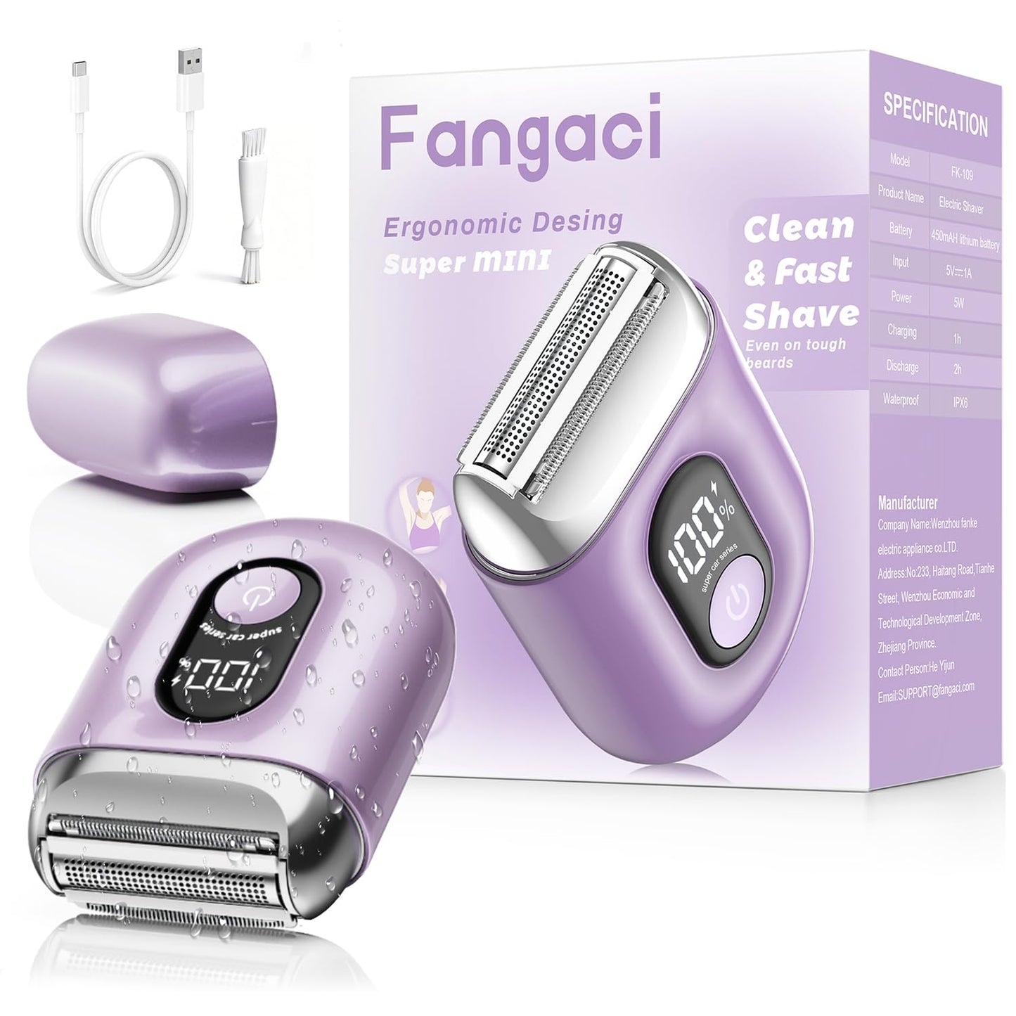 Fangaci Cordless Electric Razors for Women: Mini Electric Shaver with Big LED Display - Rechargeable Bikini Trimmer - IPX7 Waterproof Wet Dry for Face, Body & Legs (Birght Purle)